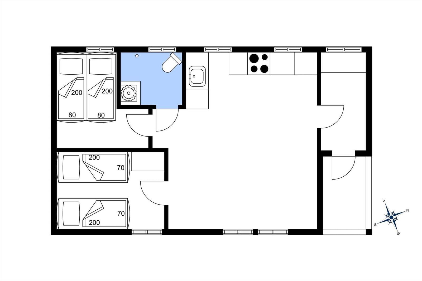 Two bedrooms with beds, kitchen, bathroom, and living area.