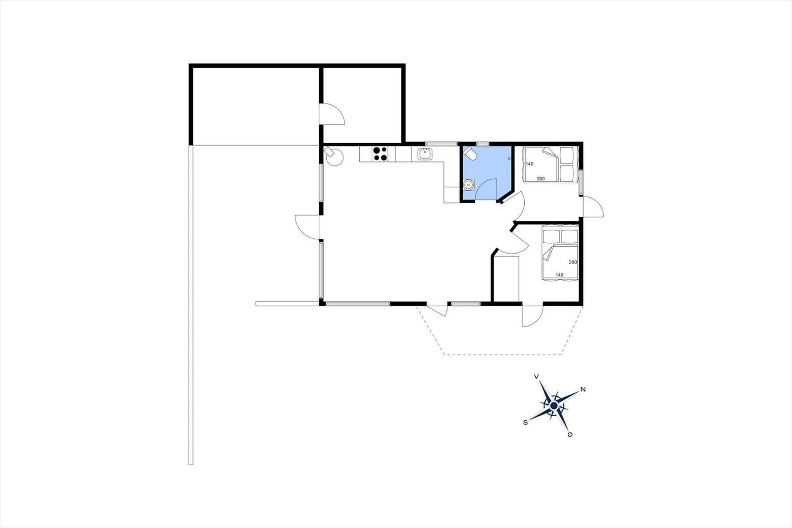 Wohnung mit Küche, Bad und zwei Schlafzimmern. Raumübersicht mit Orientierung.