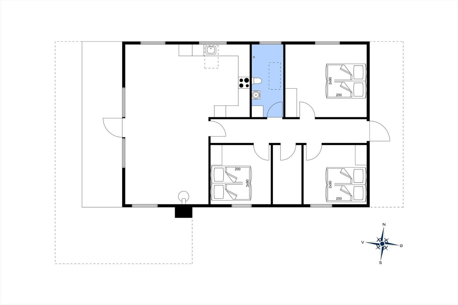 Drei Schlafzimmer, Küche und Bad auf Grundriss mit Orientierung