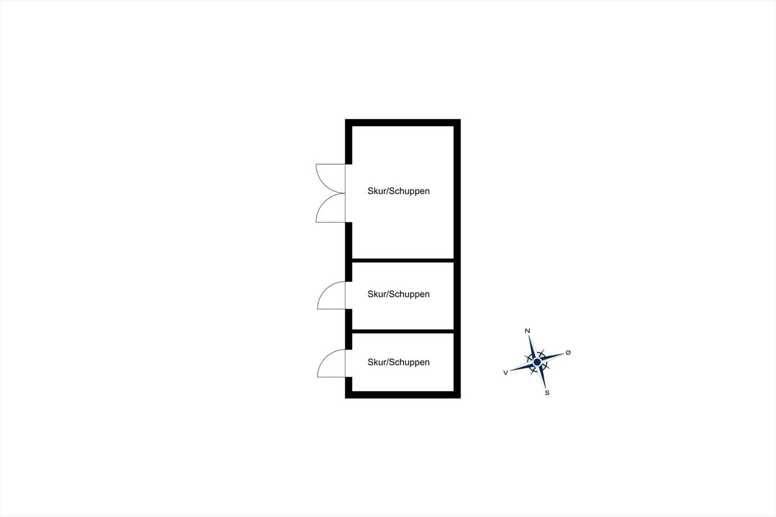 Plan zeigt drei Schuppenräume mit Eingängen und Kompass.