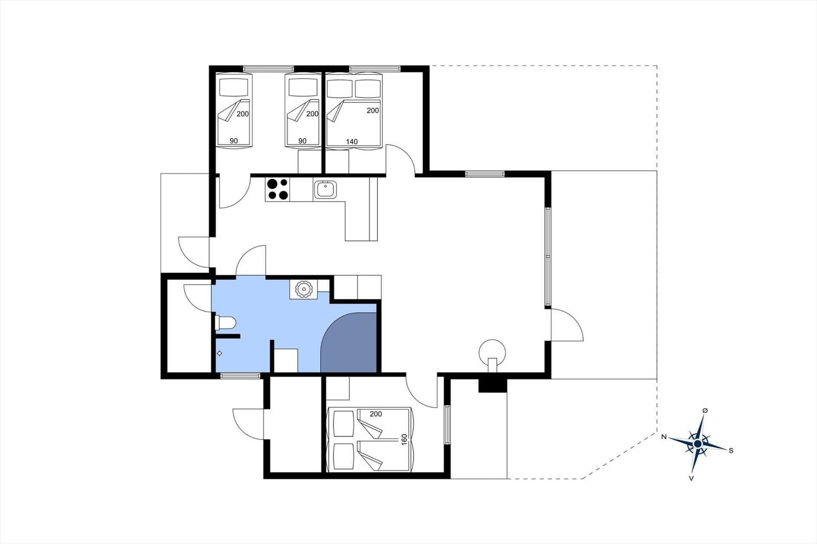 This apartment has three bedrooms, a kitchen, and a bathroom.