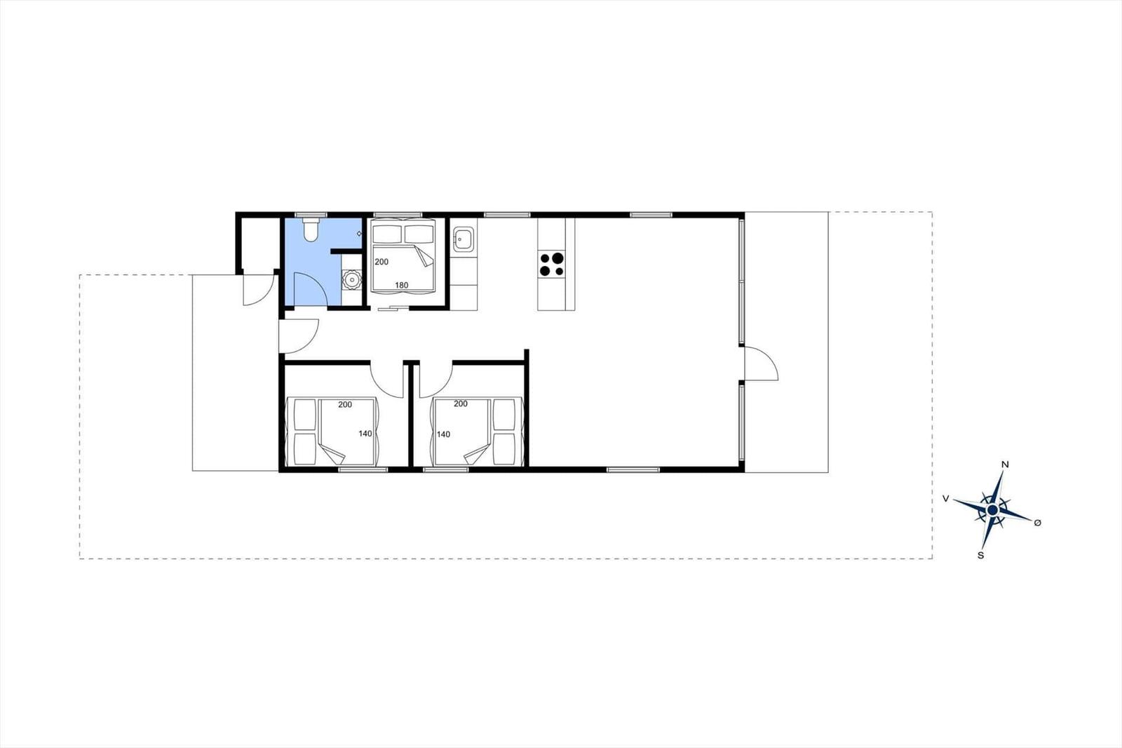 Dieses Apartment hat drei Schlafzimmer, eine Küche und ein Badezimmer.