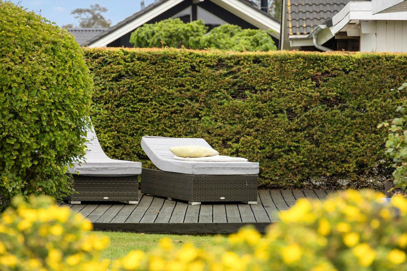 Zwei Liegestühle mit Kissen stehen auf einer Holterrasse vor einem grünen Heckenzaun.