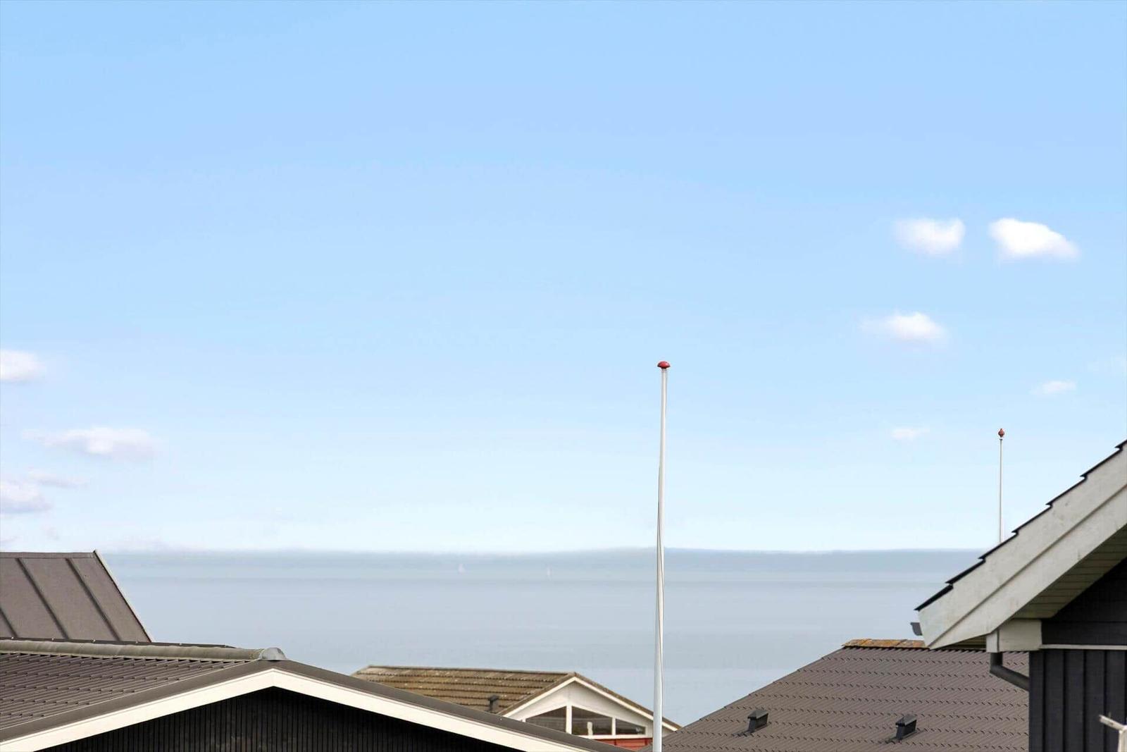 Weitläufige Aussicht auf das Meer mit Häuserdächern und zwei Masten im Vordergrund.
