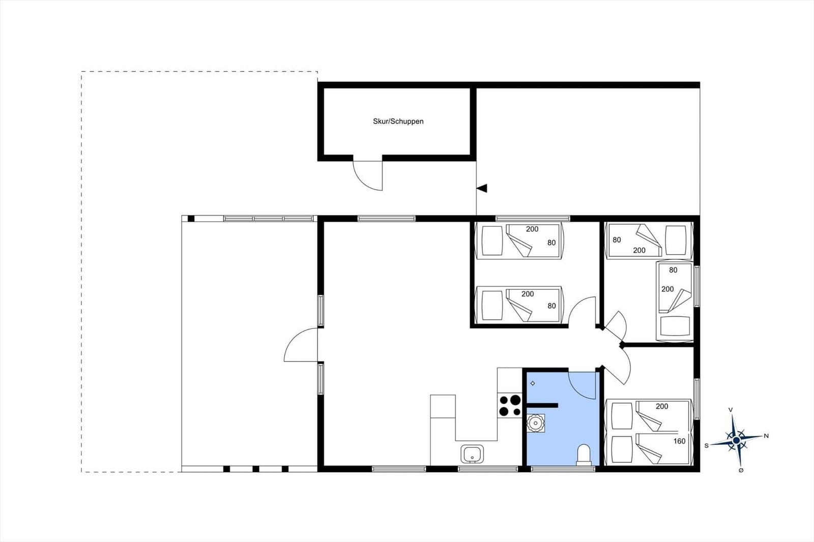 Wohnung mit Küche, Bad und mehreren Schlafzimmern. Skur/Schuppen angezeigt.