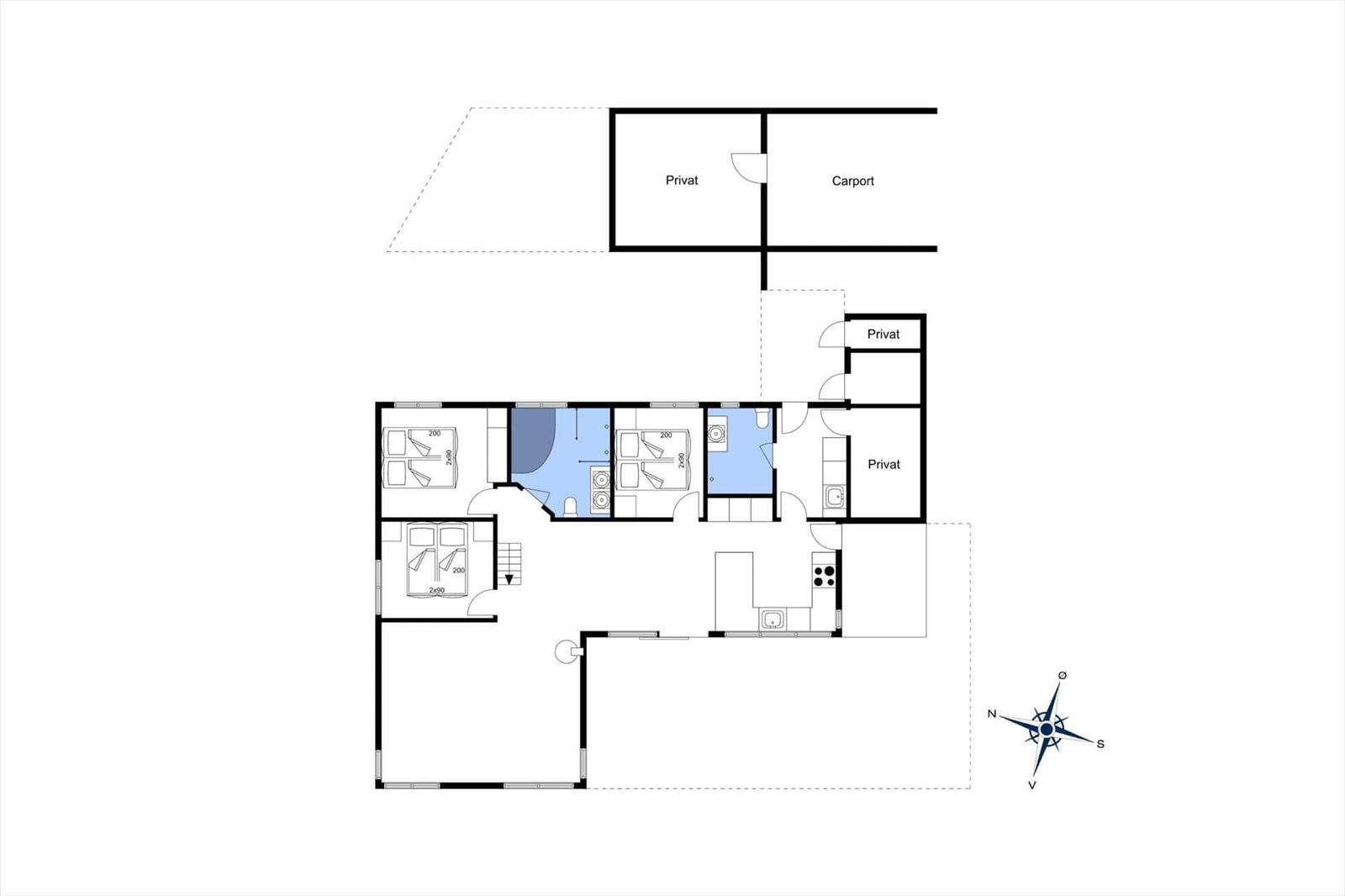 Dieses Haus hat zwei Schlafzimmer, eine Küche und einen Carport.