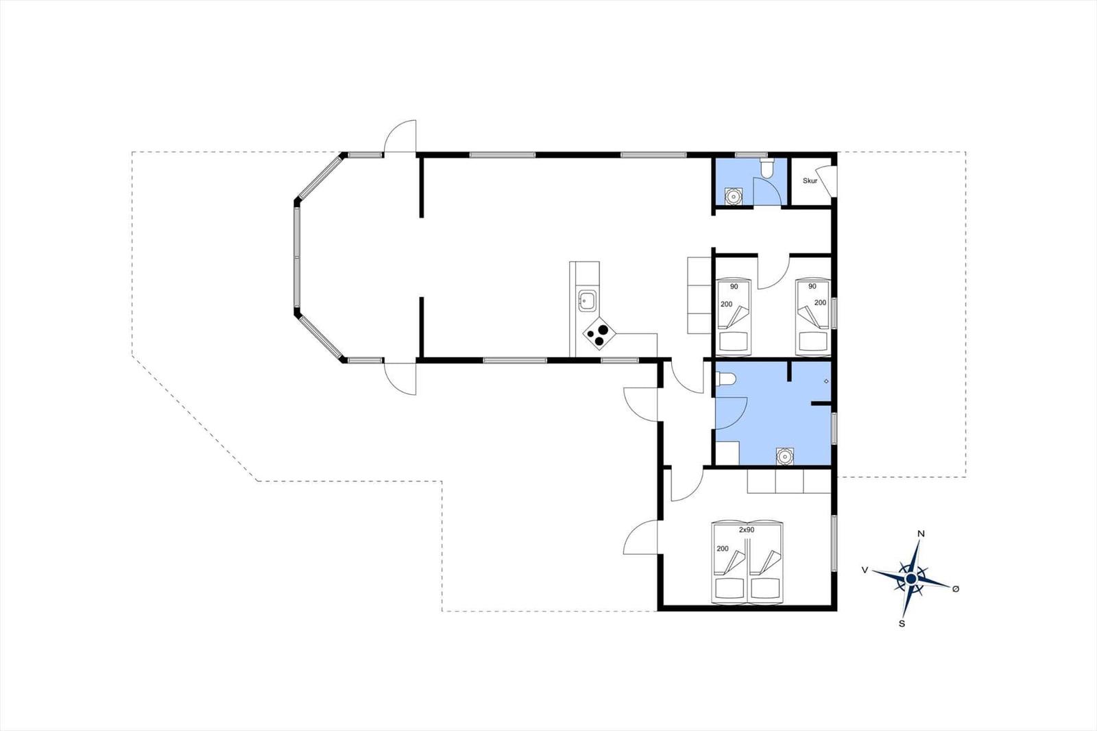 Wohnung mit Küche, zwei Schlafzimmern und Bad. Großer Wohnbereich mit Fensterfront.