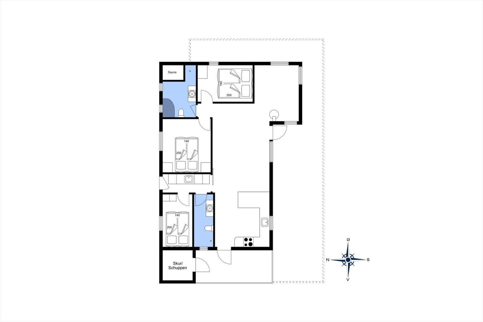 Die Wohnung hat drei Schlafzimmer, eine Sauna und eine Küche mit Herd.