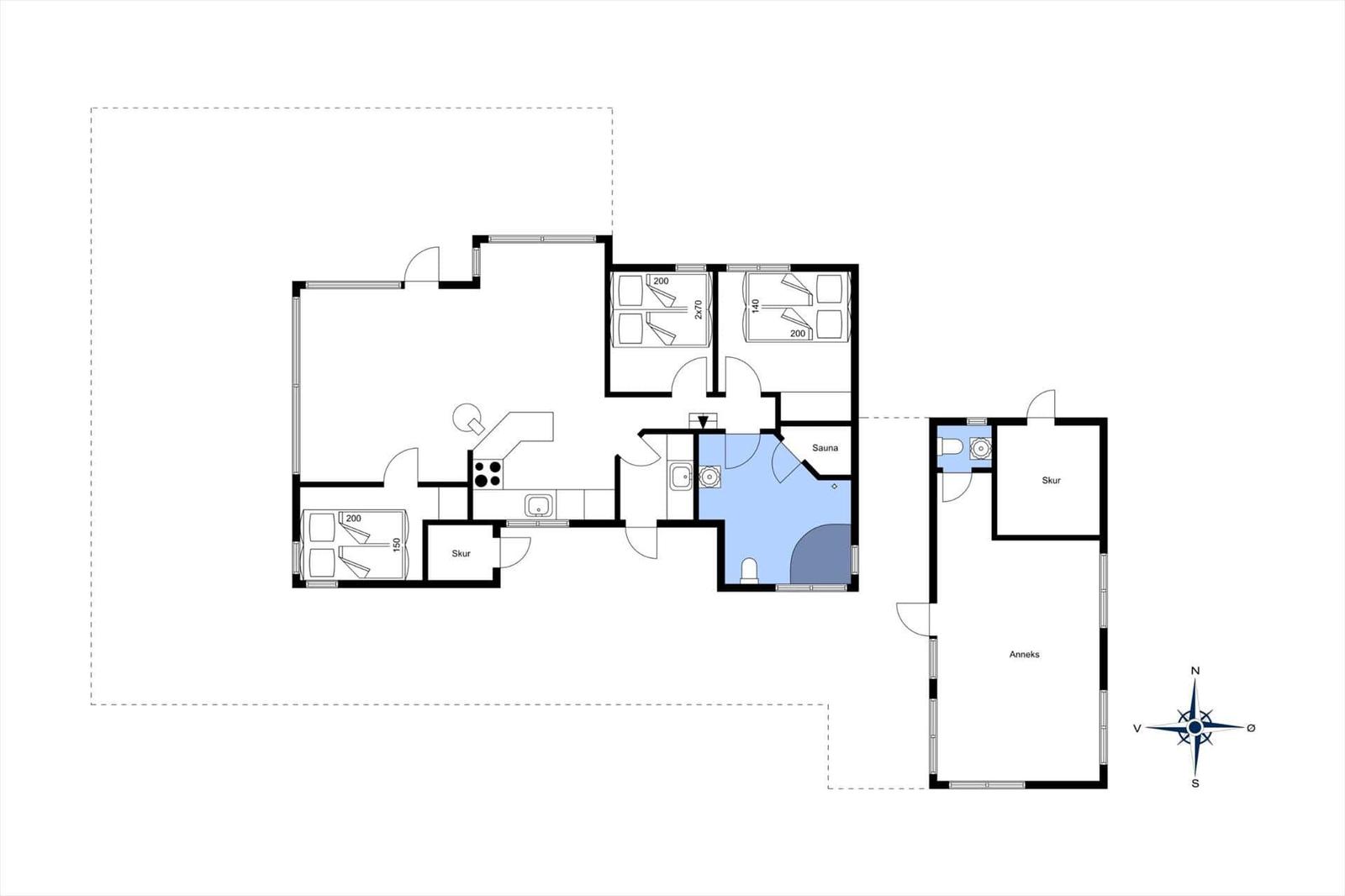 Fertiggestelltes Grundrissbild einer Wohnung mit Sauna, Küche und Schlafzimmern.