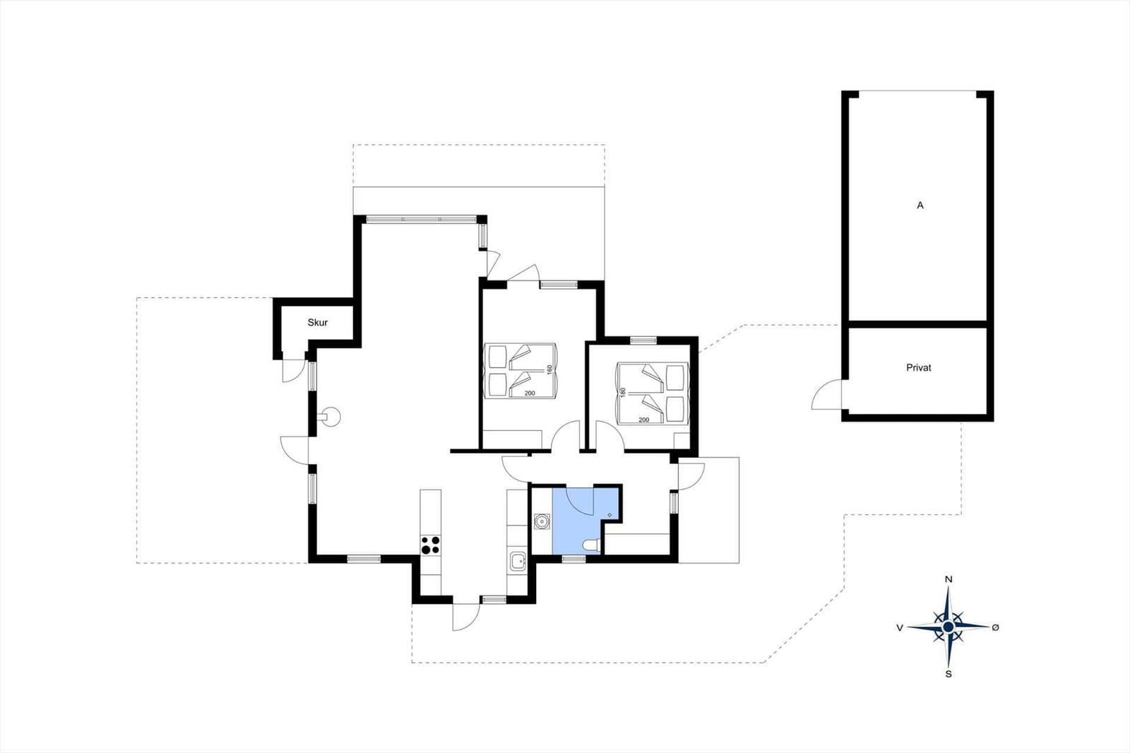 Dieses Grundrissbild zeigt eine Wohnung mit zwei Schlafzimmern, Küche, Bad und privatem Bereich.
