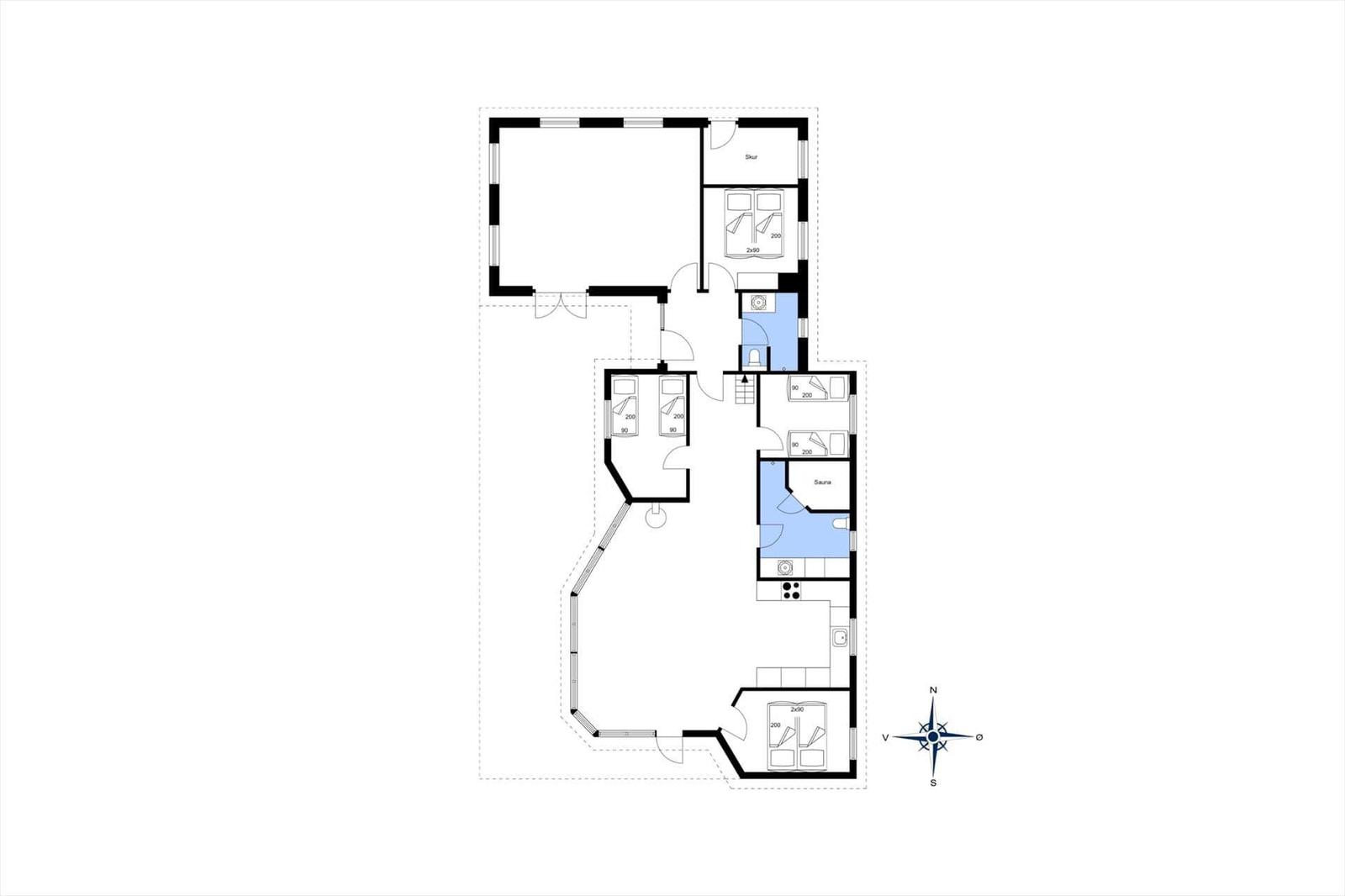 Wohnung mit drei Schlafzimmern, Sauna und Küche. Grundriss mit Orientierung.