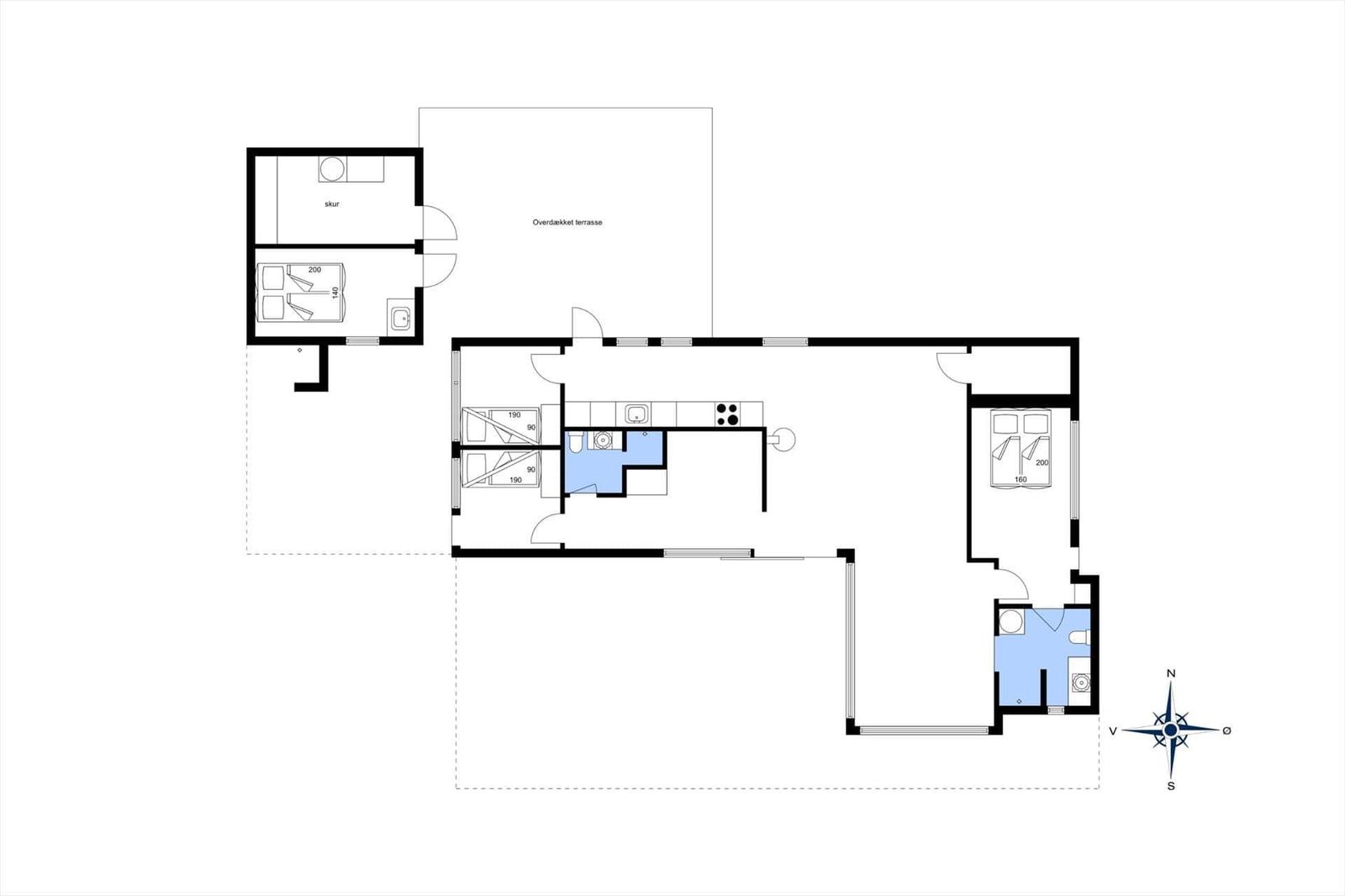 Funktionaler Grundriss mit Küche, Schlafzimmer und überdachter Terrasse.