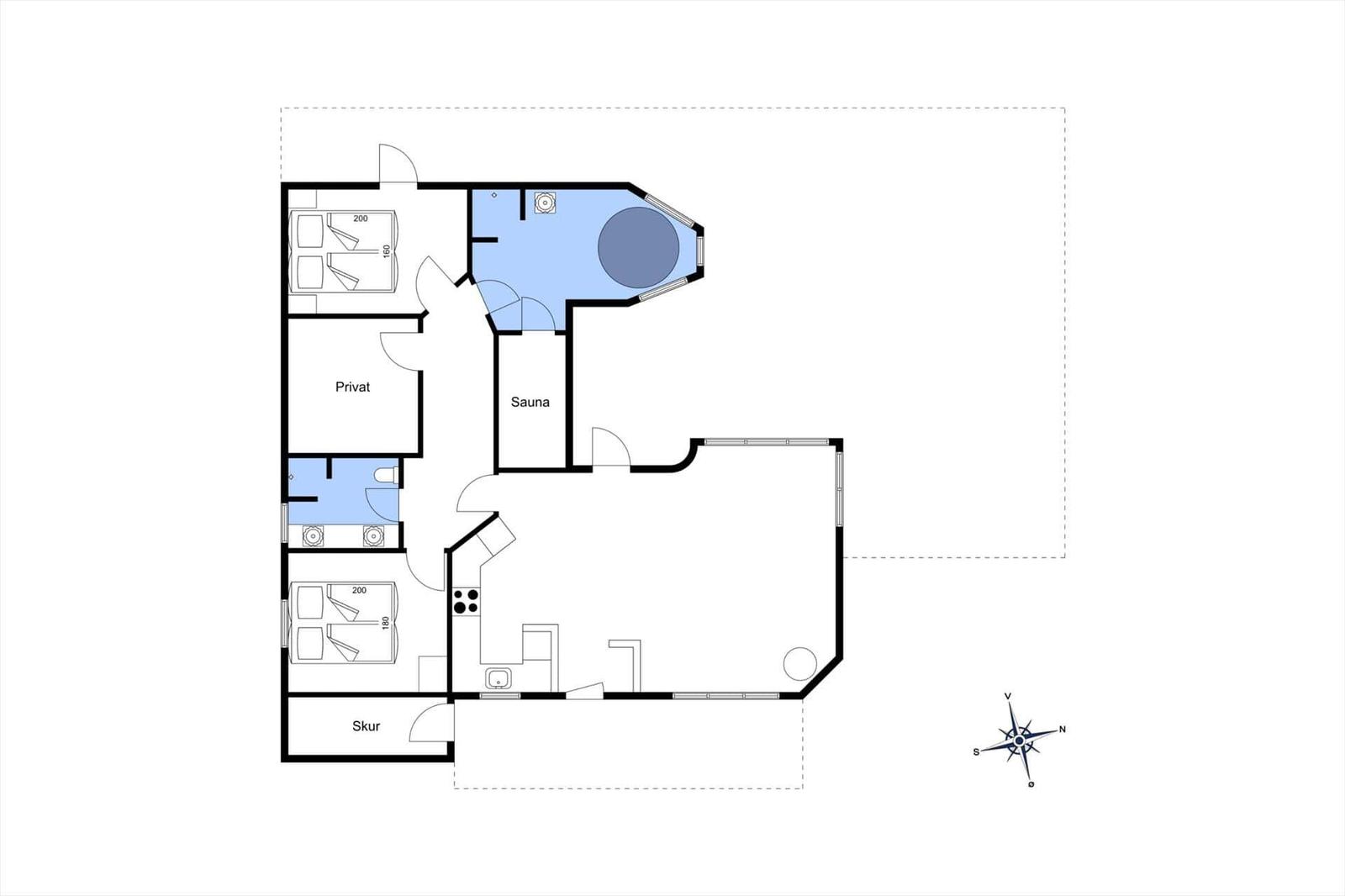 Funktionaler Grundriss mit Sauna, privatem Raum und Küche.