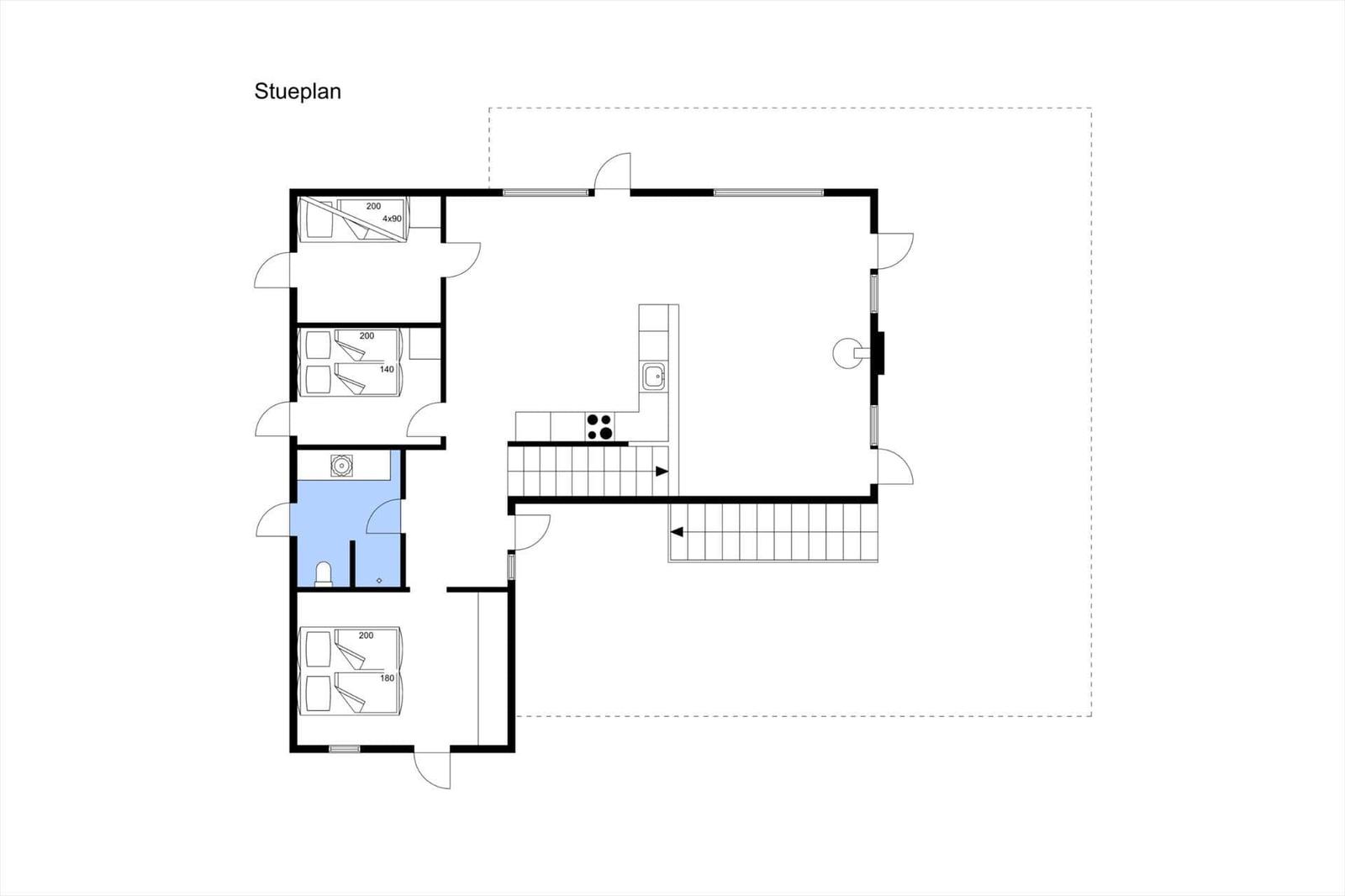 Stueplan zeigt drei Schlafzimmer, Küche und Bad mit Flur und Treppe.