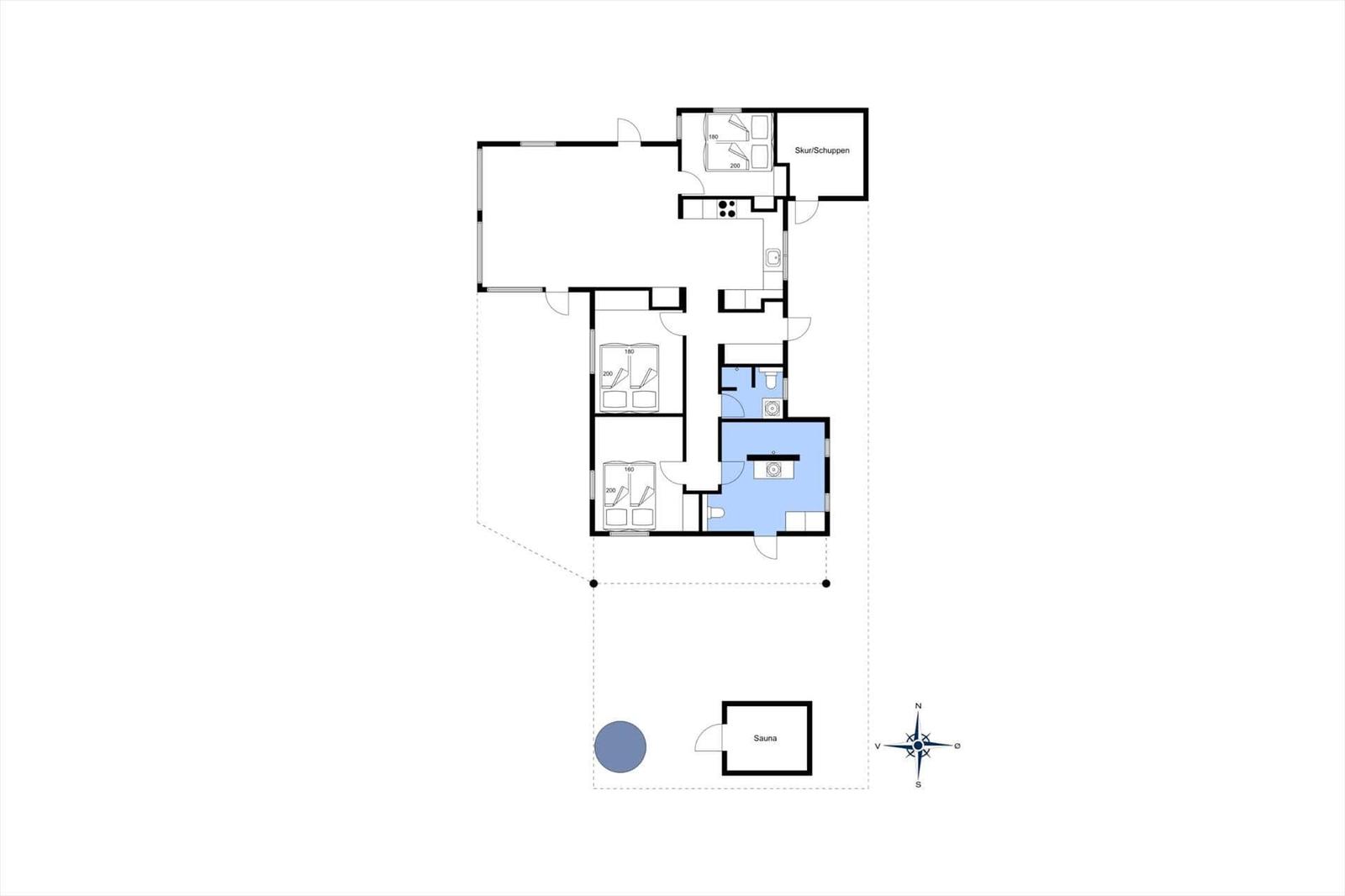 Funktionaler Grundriss mit Schlafzimmer, Küche und Sauna.