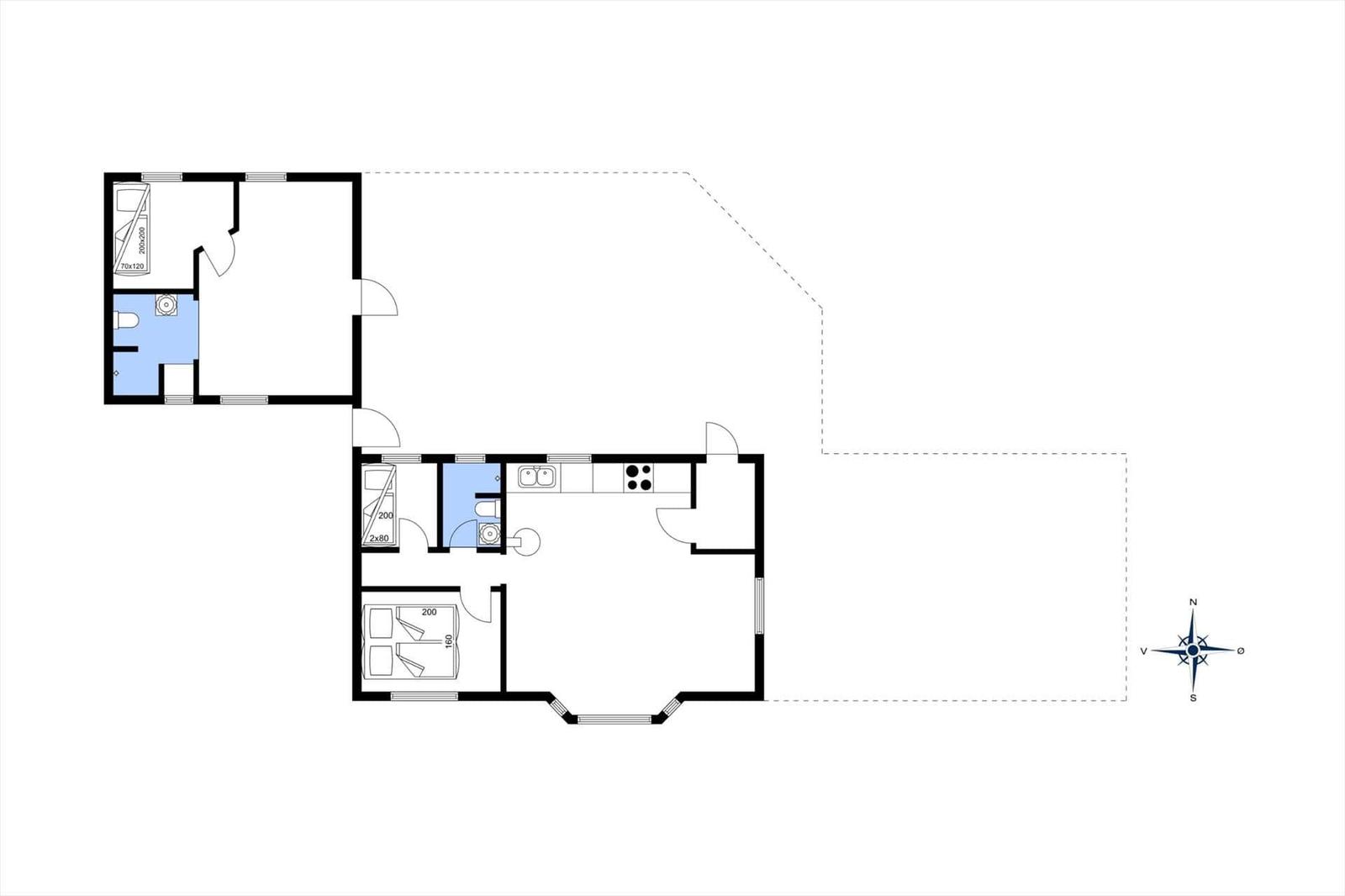 Wohnung mit Küche, Bad, Schlafzimmer und Wohnbereich. Mit Kompassorientierung.