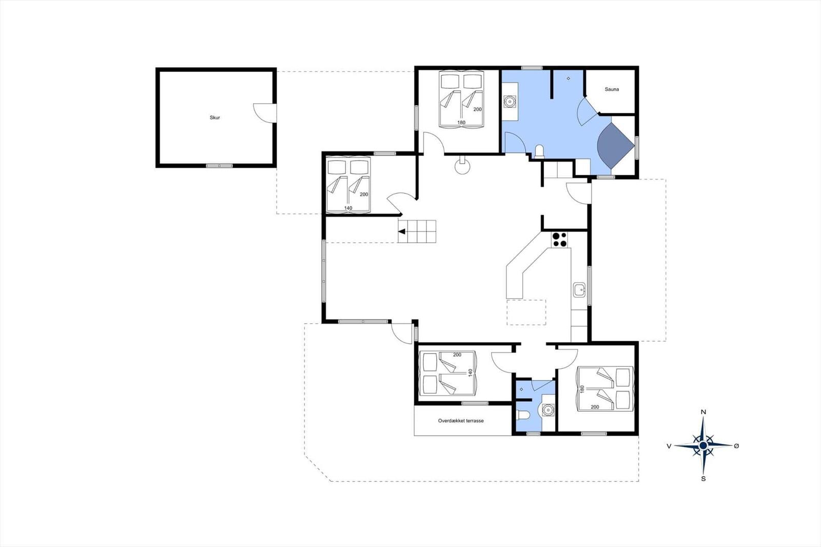 Wohnung mit vier Schlafzimmern, Sauna und überdachter Terrasse.
