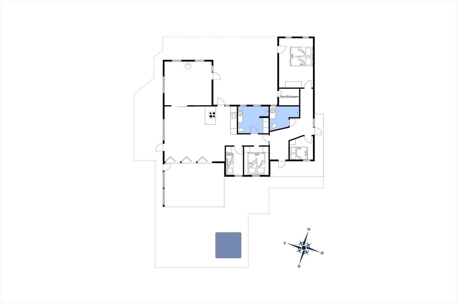 Grundriss einer Wohnung mit Küche, Schlafzimmer und Bad. Außenbereich mit Pool.
