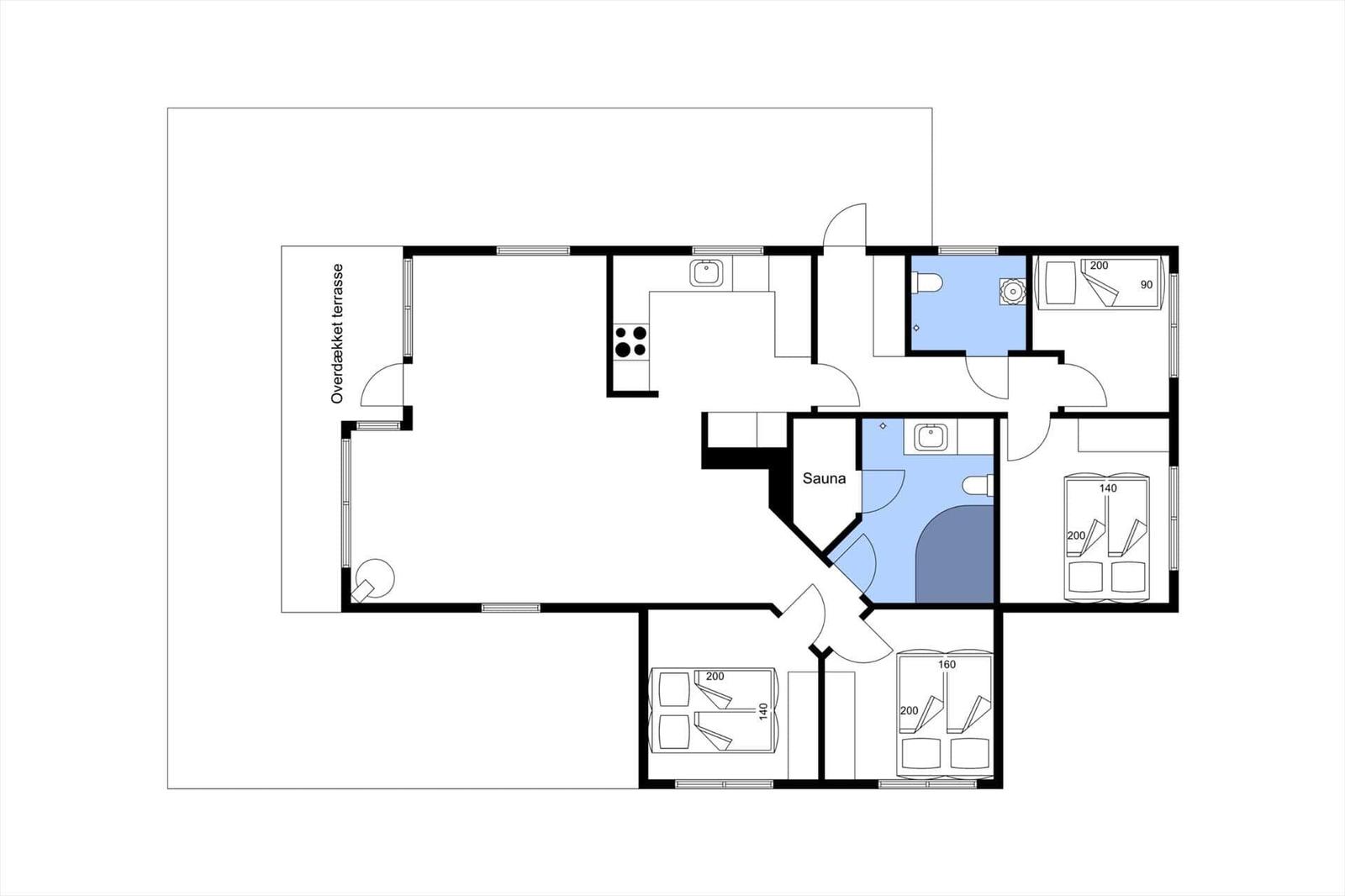 Apartment with sauna, covered terrace, and multiple bedrooms.