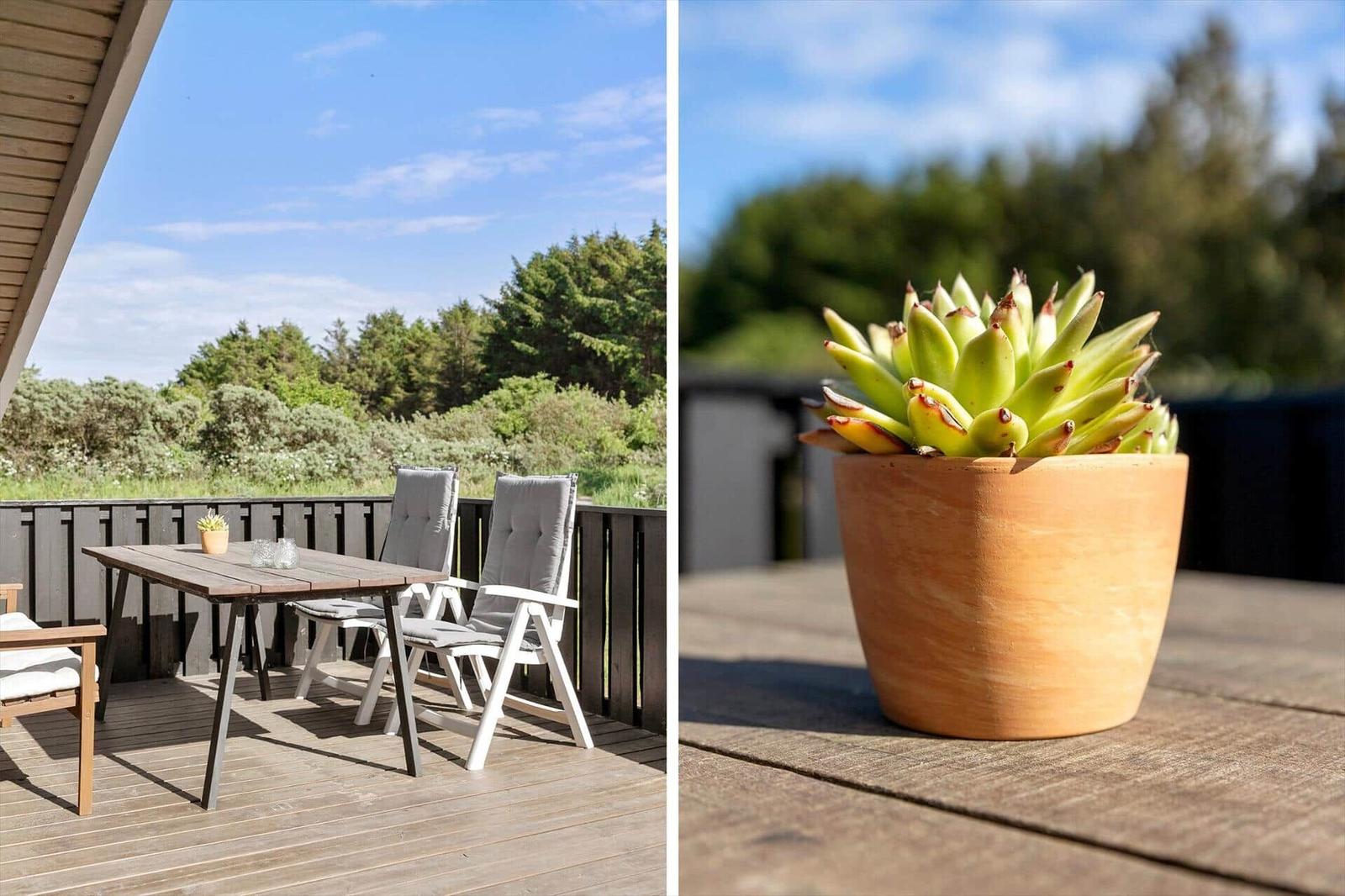 Terrasse mit Tisch, Stühlen und Pflanze. Hintergrund: Wald und blauer Himmel.