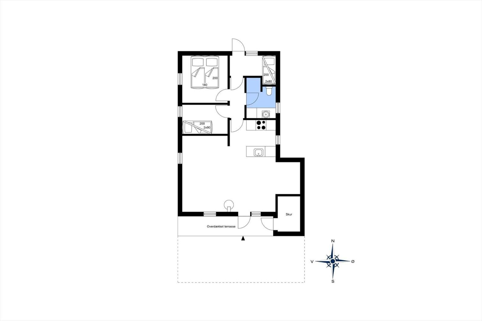 Wohnung mit Schlafzimmer, Küche, Bad und überdachter Terrasse.