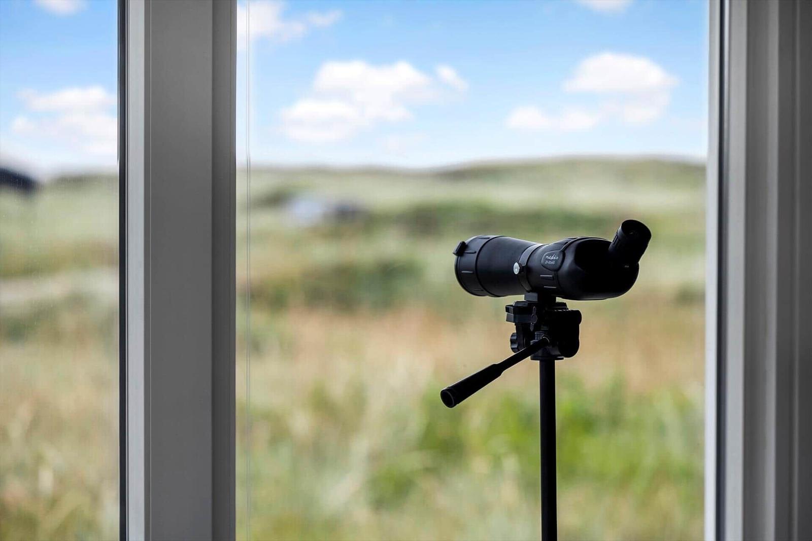 Ein Fernglas steht auf einem Stativ vor einem Fenster mit Blick auf eine grüne Landschaft.