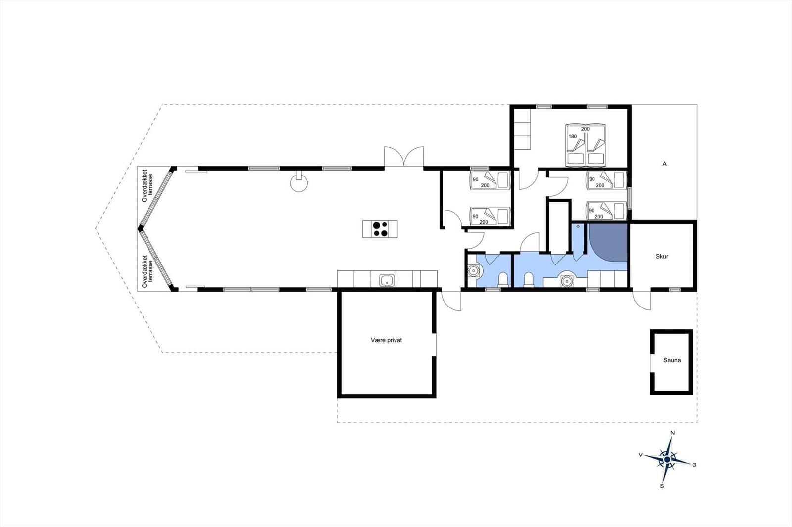 Dieses Haus hat eine überdachte Terrasse, Küche, Sauna und mehrere Schlafzimmer.