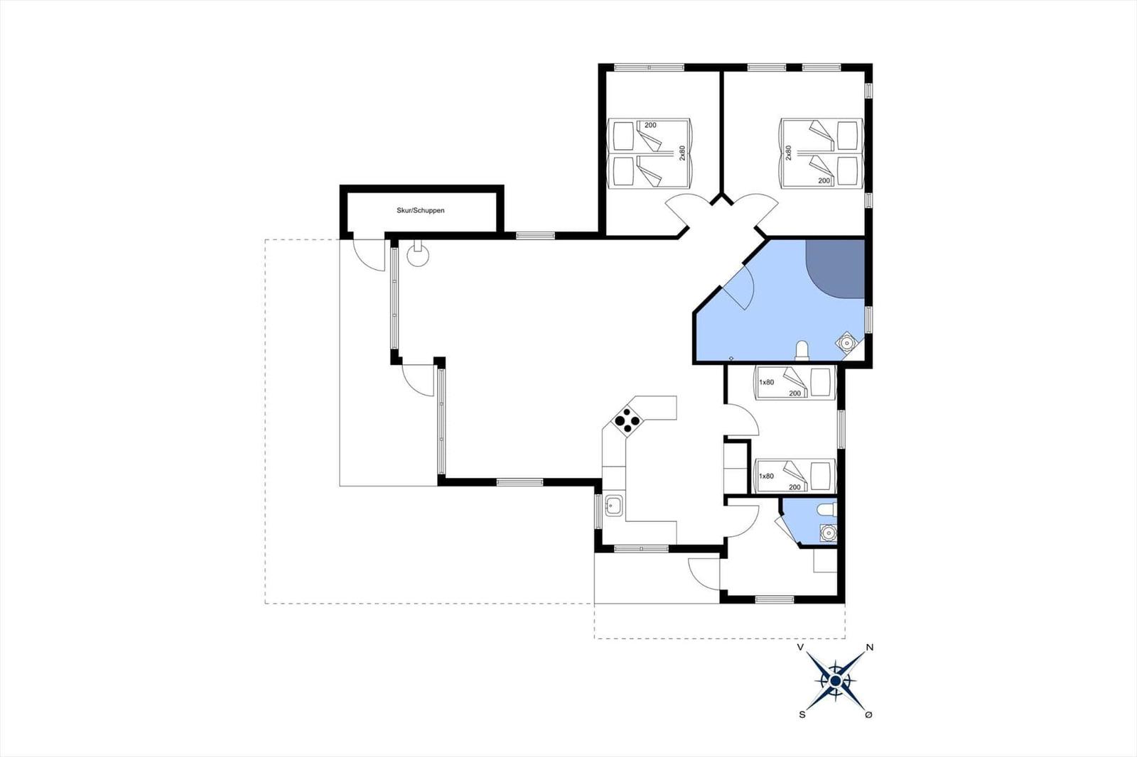 Wohnung mit drei Schlafzimmern, Küche und Bad. Skur/Schuppen vorhanden.