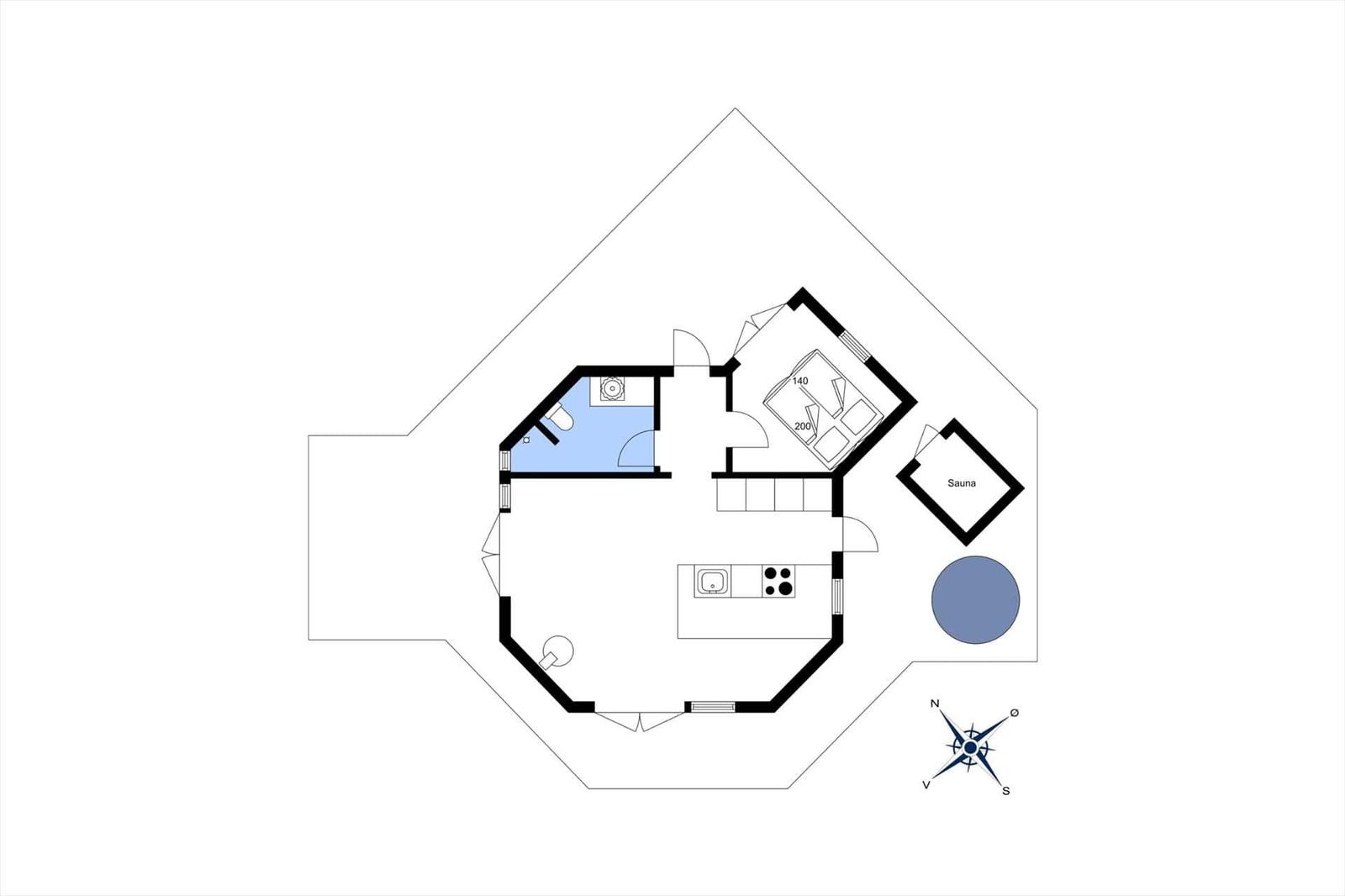 Dieses Grundriss zeigt eine Wohnung mit Küche, Schlafzimmer, Bad und Sauna.