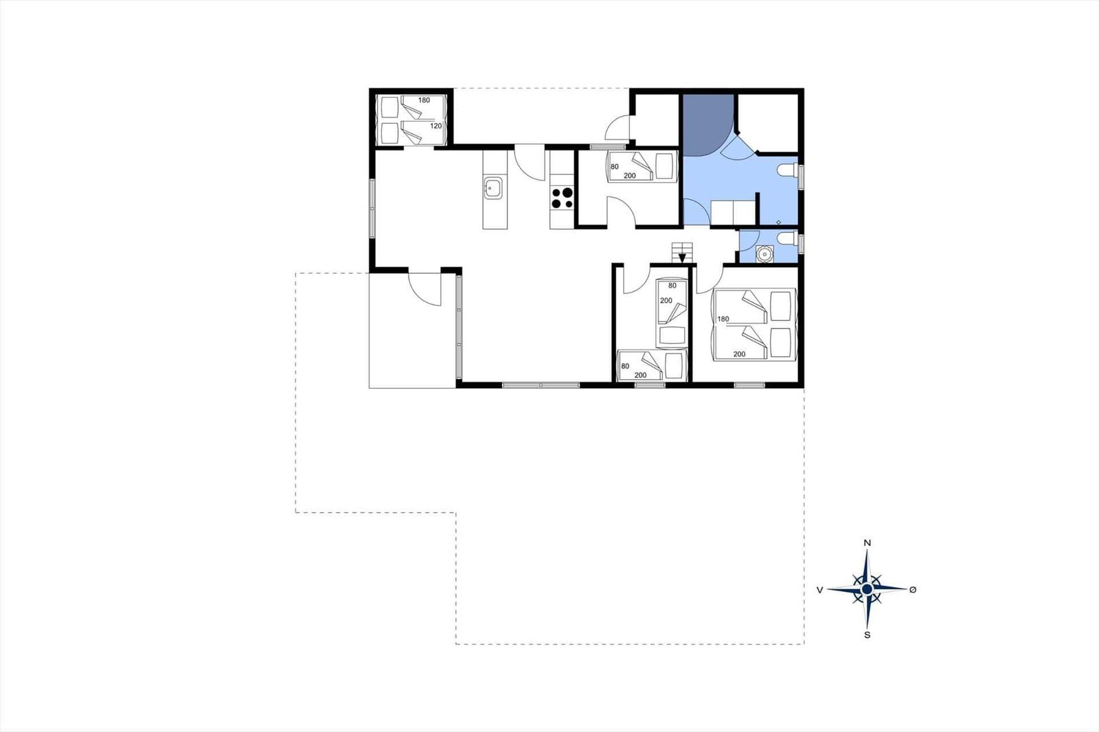 Grundriss einer Wohnung mit Küche, Bad und Schlafzimmern.
