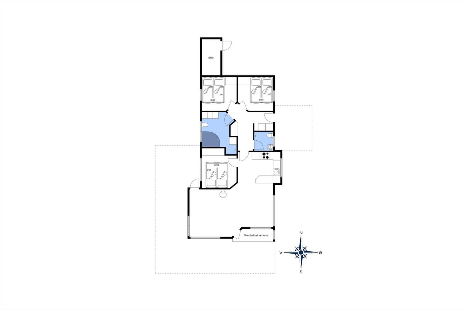 Dieses Grundrissbild zeigt eine Wohnung mit drei Schlafzimmern, zwei Bädern und einer überdachten Terrasse.