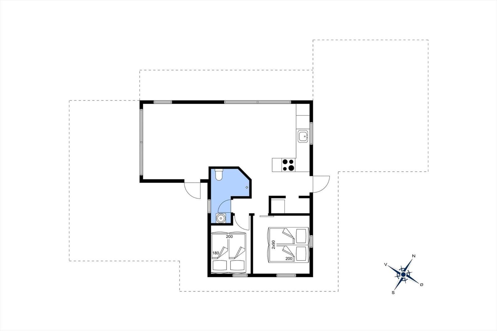 Wohnung mit Küche, Bad, zwei Schlafzimmern und Flur.
