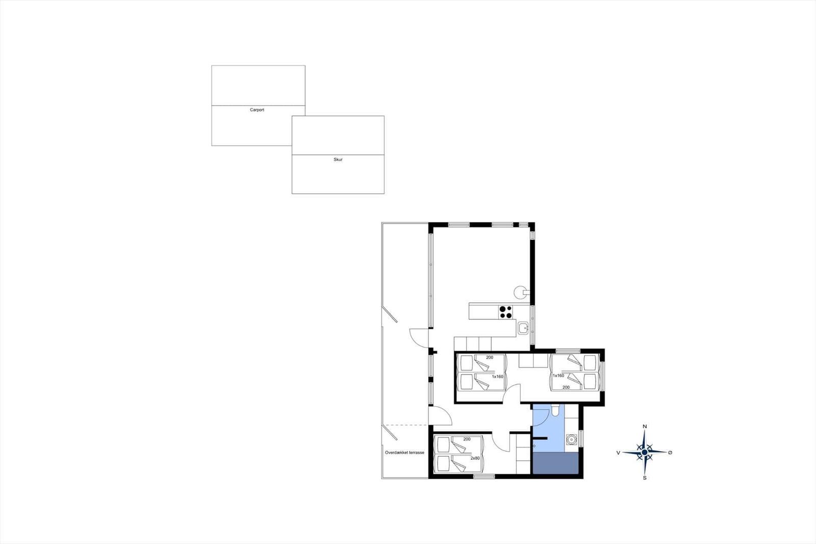 Wohnung mit drei Schlafzimmern, Küche und überdachter Terrasse. Carport und Skur vorhanden.