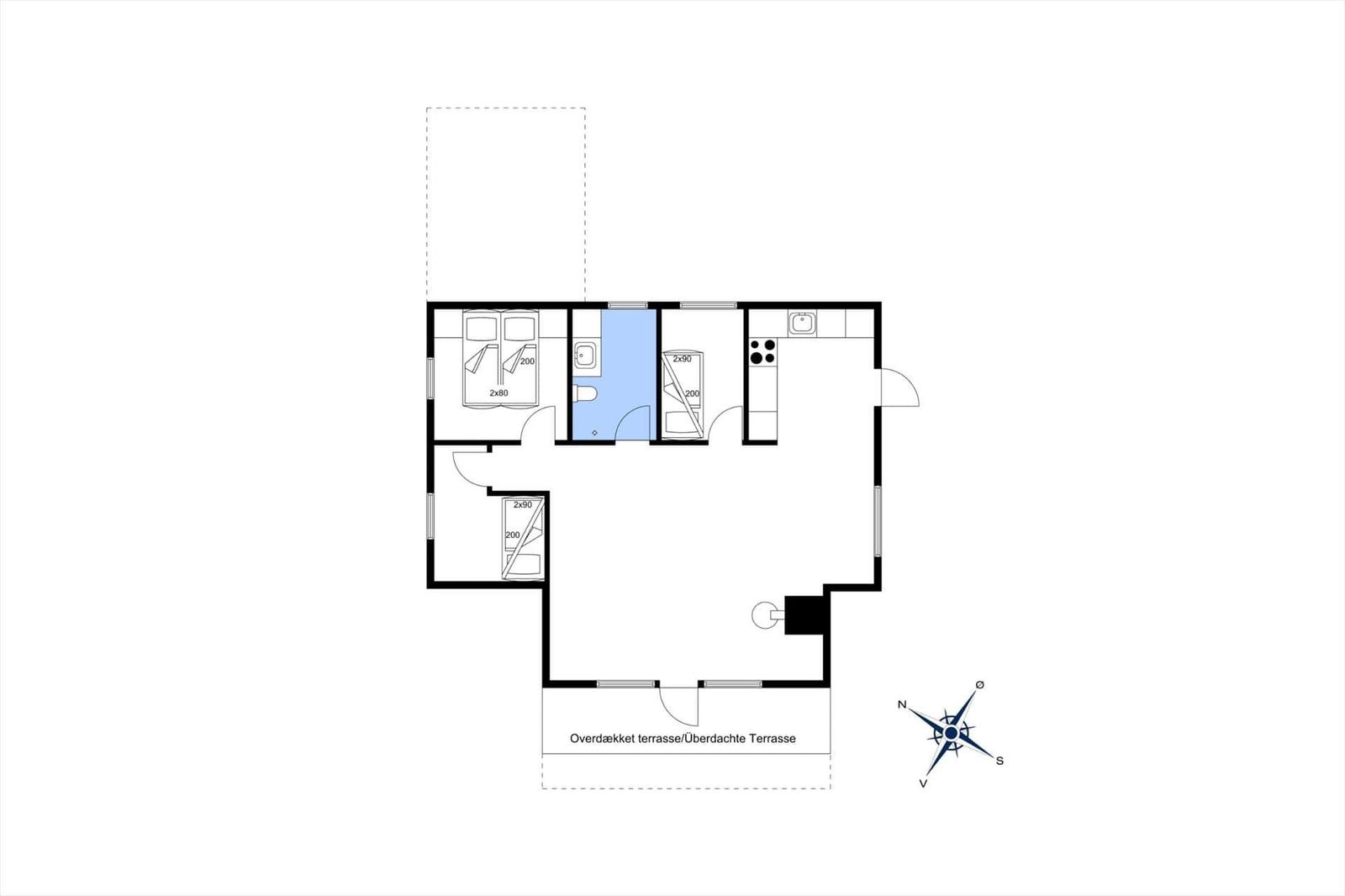 Wohnung mit Schlafzimmer, Küche, Bad und überdachter Terrasse.