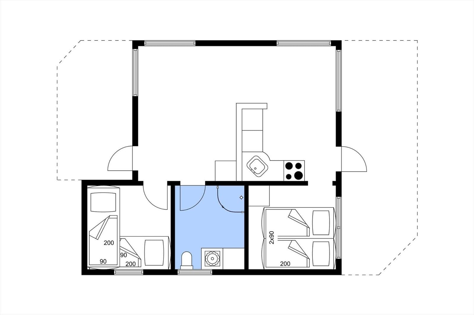 Zwei Schlafzimmer, Küche und Bad in einem Apartment.