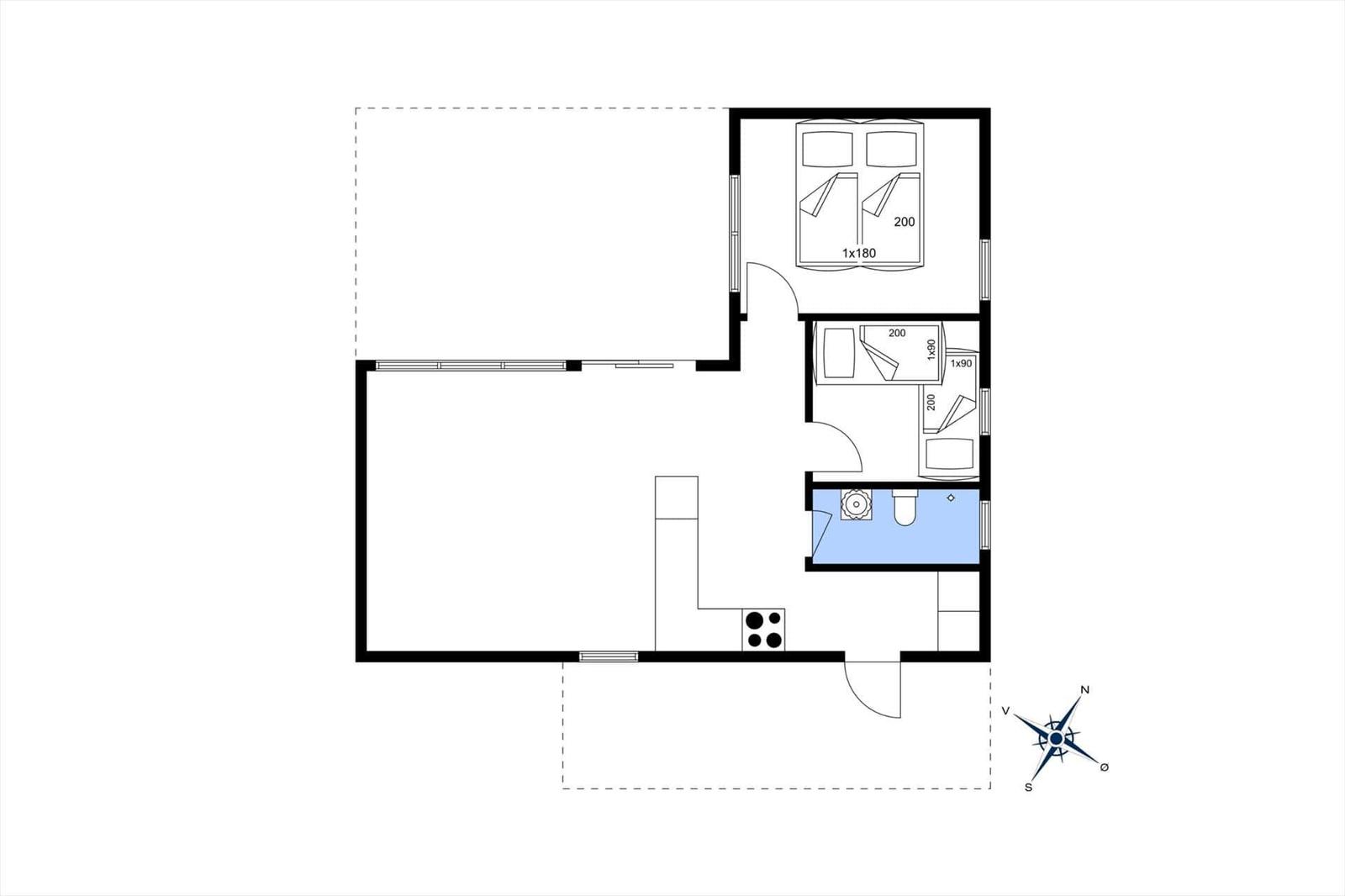 Wohnung mit Schlafzimmer, Bad und Küche. Flur mit Türen zu allen Räumen.