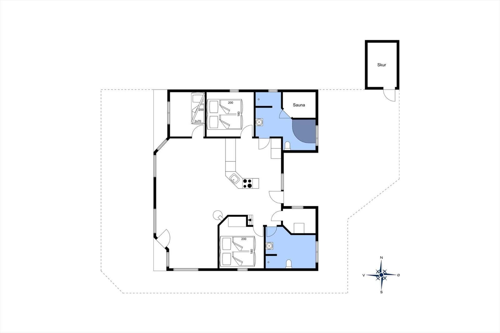 Wohnung mit Sauna, Küche und zwei Schlafzimmern. Außenbereich mit Skur.