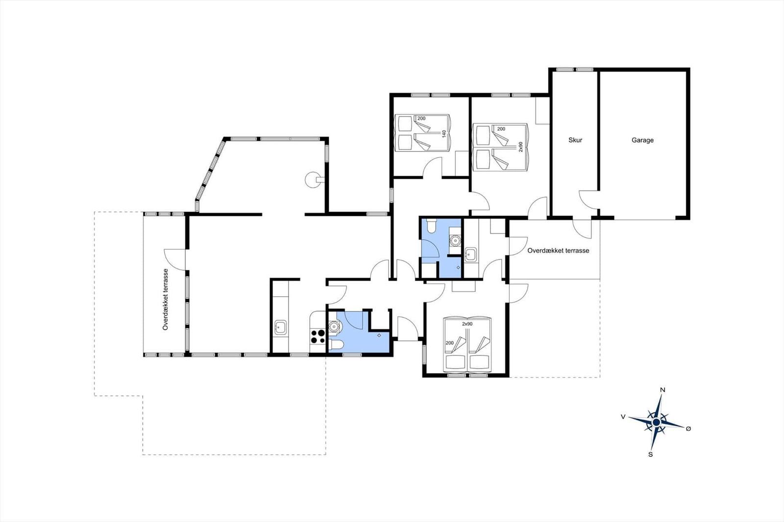 Dieses Haus hat drei Schlafzimmer, eine Küche, ein Bad und eine überdachte Terrasse.