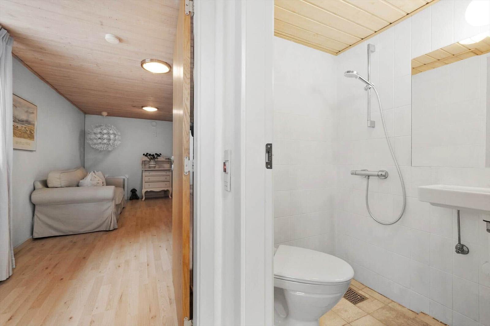 Badezimmer mit Dusche und Toilette. Durchgang in Wohnzimmer mit Sofa und Holzboden.