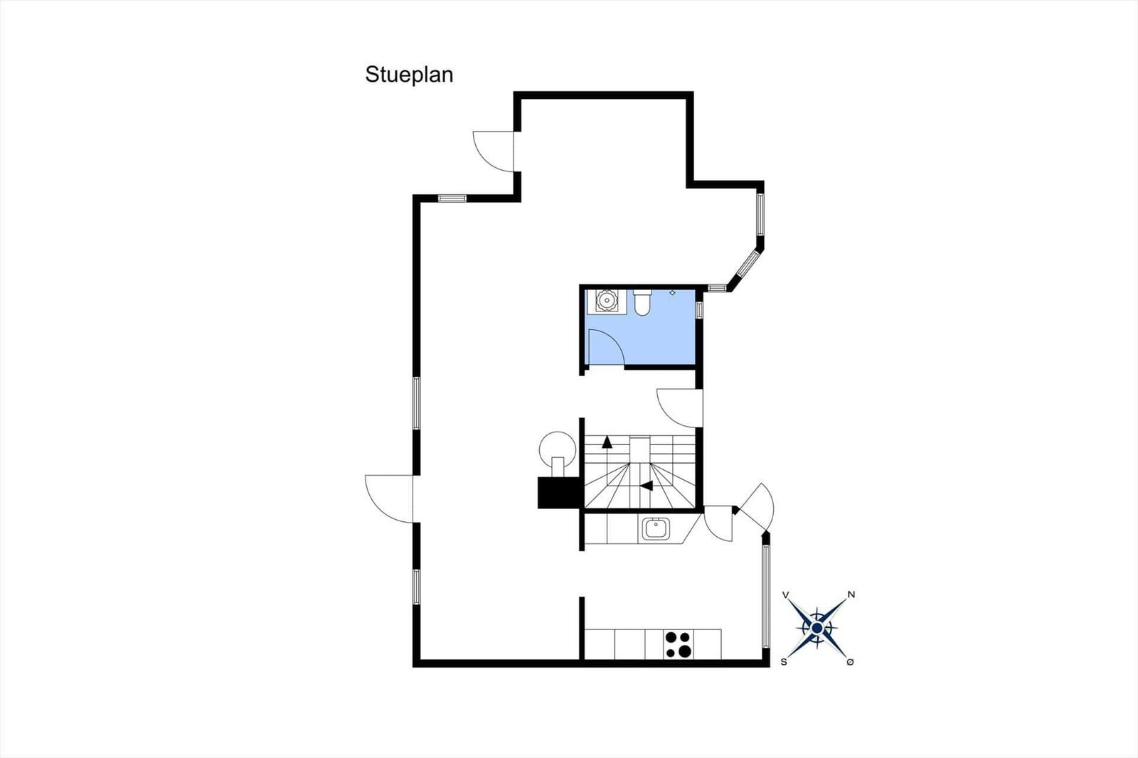 Stueplan zeigt Küche, Bad und Treppenhaus mit Richtungsangabe.