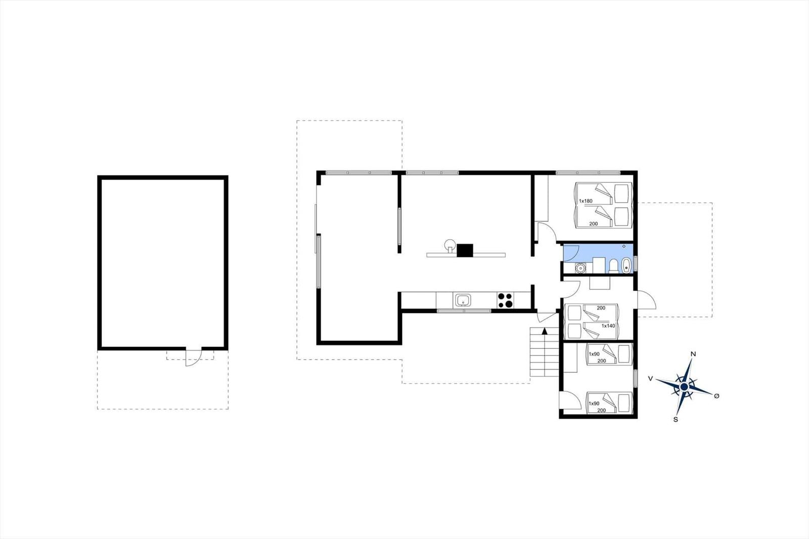 Funktionaler Grundriss mit Küche, Schlafzimmer und Bad.