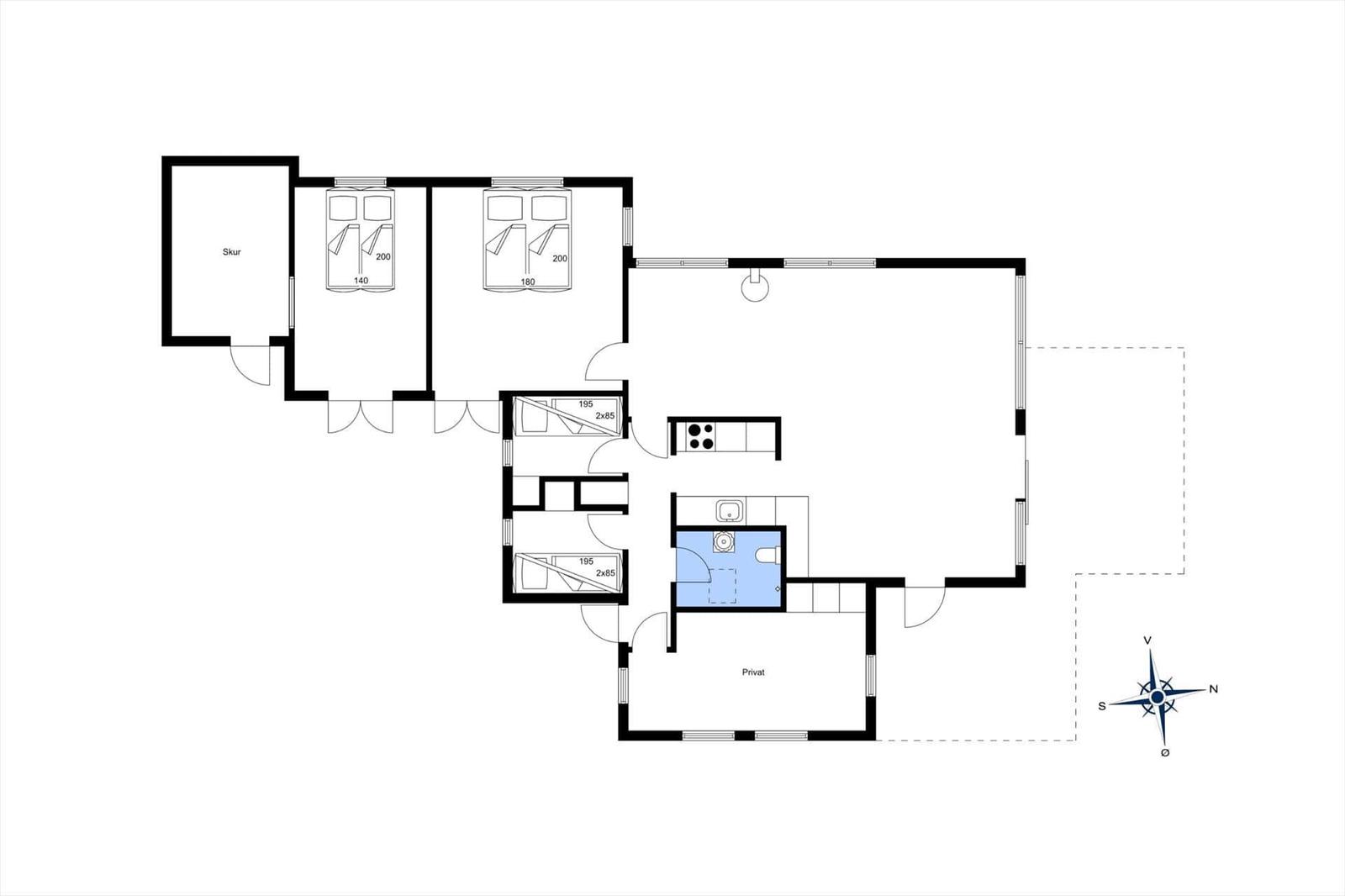 Floor plan with four bedrooms, kitchen, bathroom, and private area.