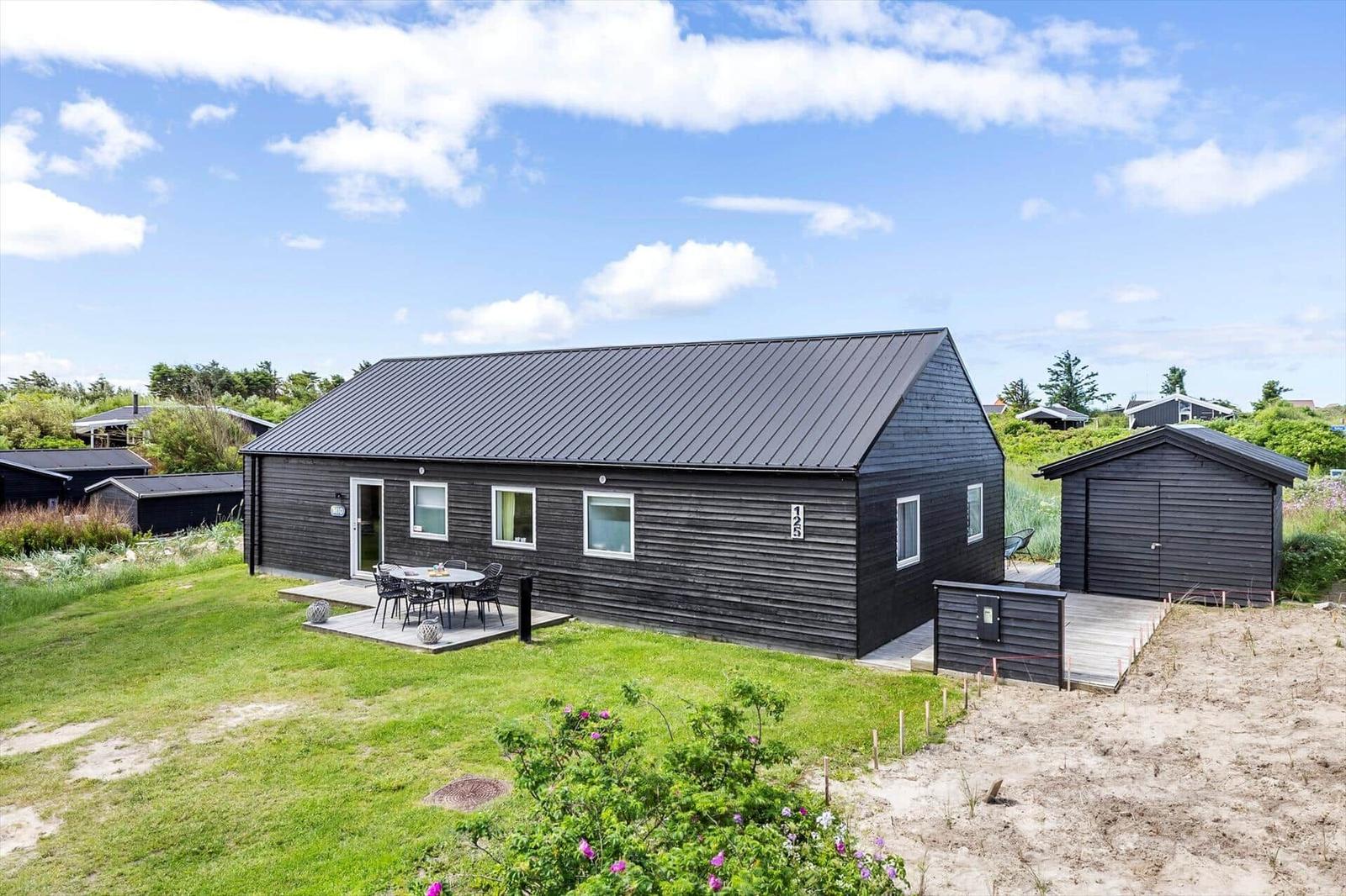 Schwarzes Holzhaus mit Terrasse, Garten und Garage. Hintergrund: Grünflächen und Himmel.