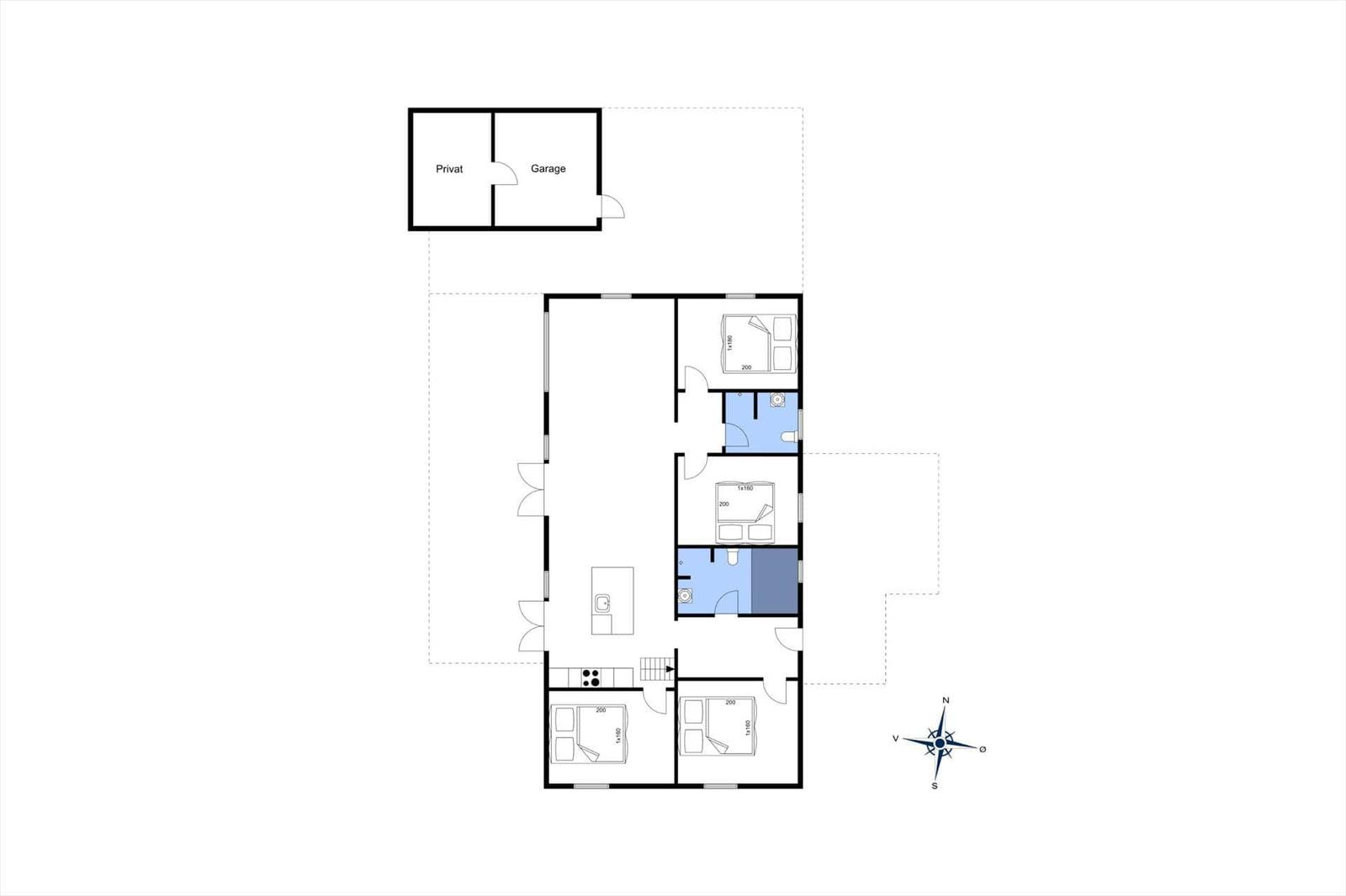 Dieses Haus hat drei Schlafzimmer, eine Küche, ein Bad und eine Garage.