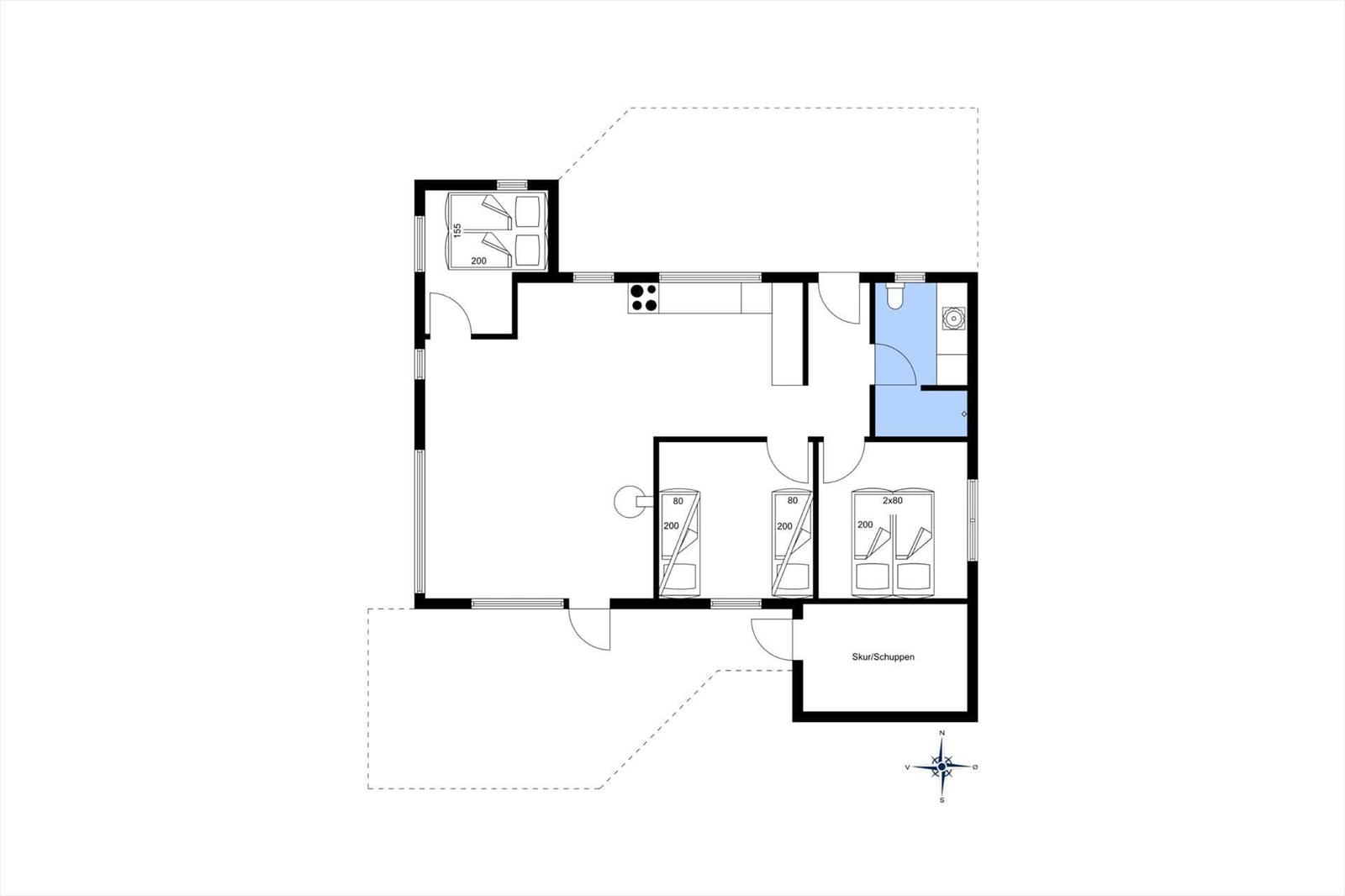 Wohnung mit Küche, Bad, drei Schlafzimmern und Garage.