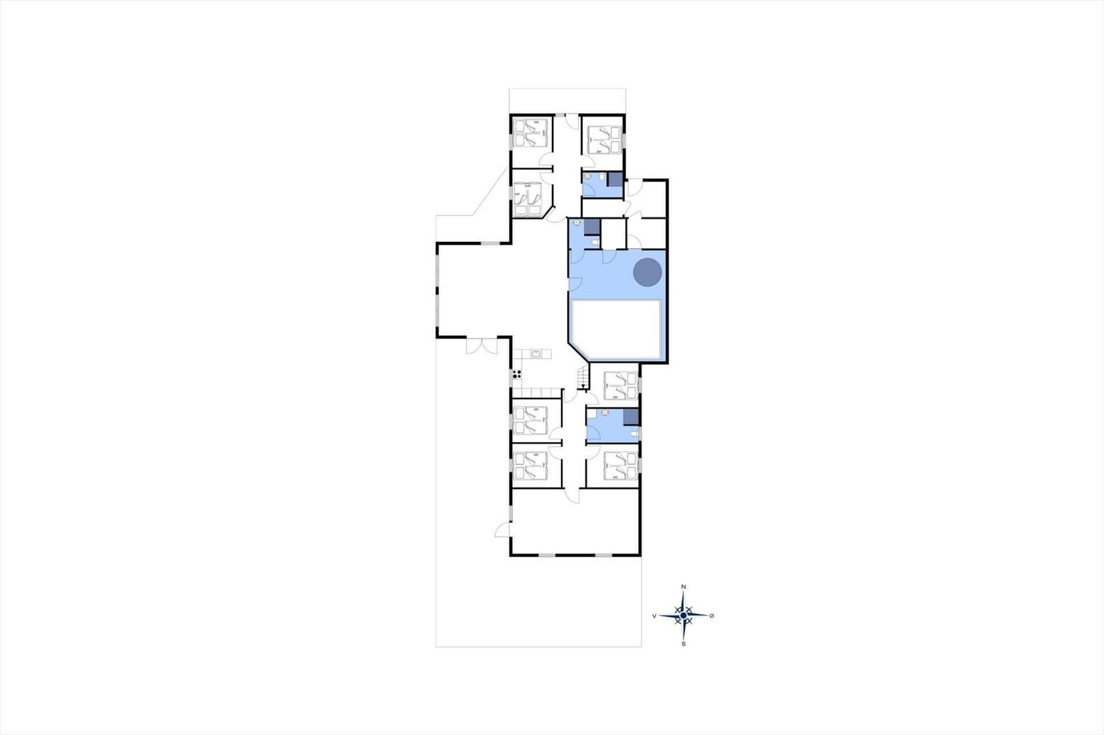 Grundriss einer Wohnung mit mehreren Schlafzimmern und einem markierten Wohnbereich.