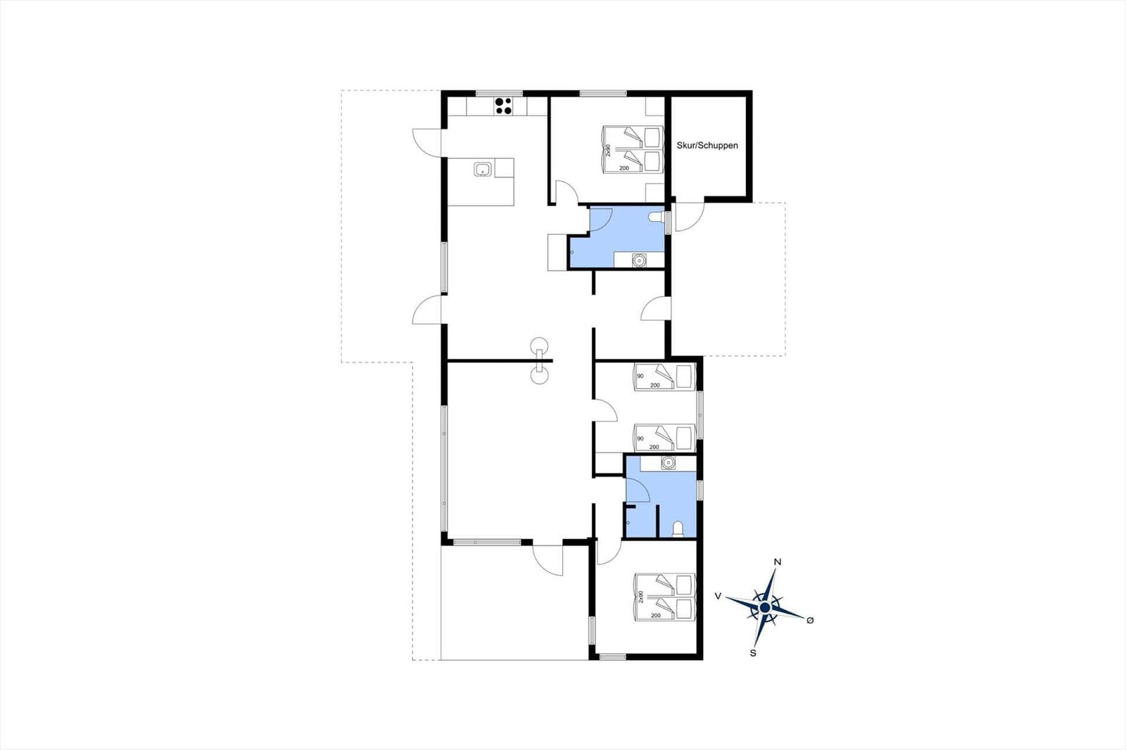 Funktionaler Grundriss mit drei Schlafzimmern, Küche und Bad. Skur/Schuppen vorhanden.