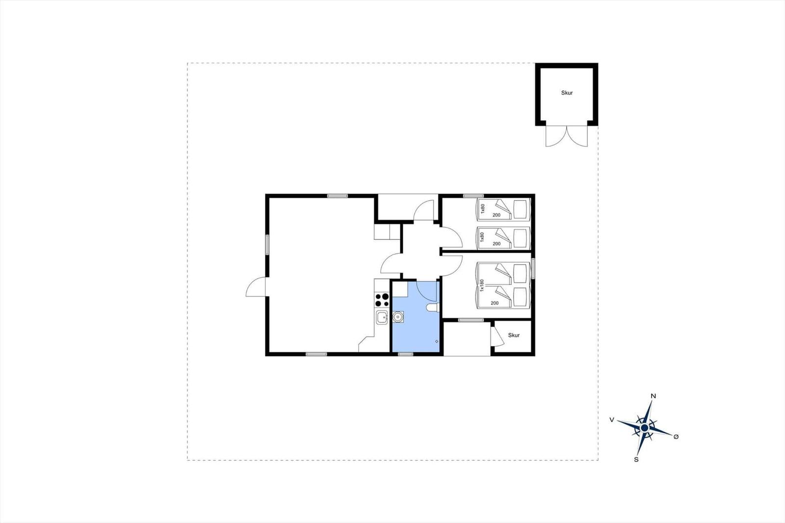 Wohnung mit Küche, Bad, drei Schlafzimmern und zwei Außenbereichen.
