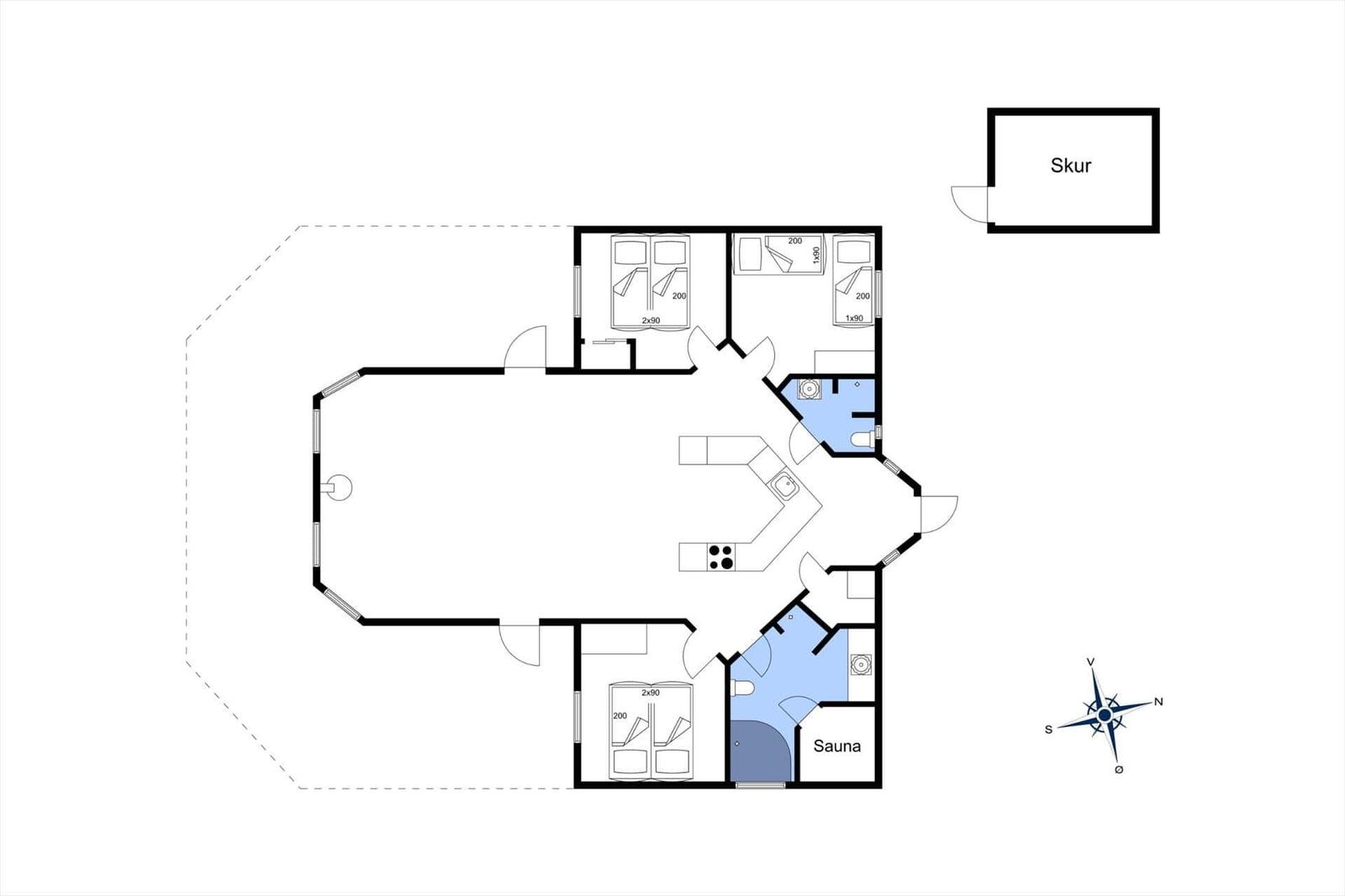Dieses Haus hat drei Schlafzimmer, eine Küche, eine Sauna und einen Schuppen.