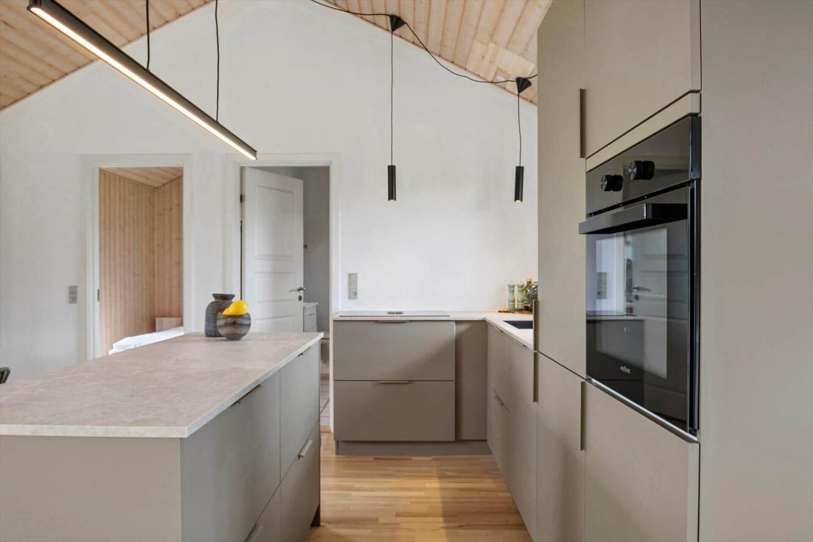 Moderne Küche mit Holzdecke, Arbeitsplatte und eingebauter Kochplatte.